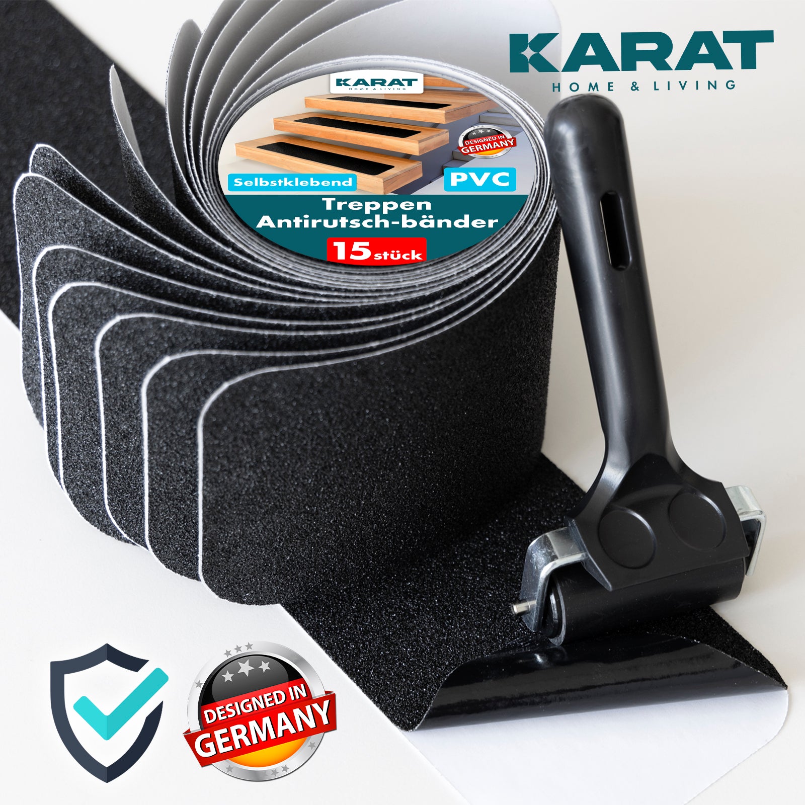 Antislip strips voor trappen | Nicu | Ruw oppervlak | Zelfklevend | Set van 15 inclusief montageroller | Zwart | 10 x 61 cm