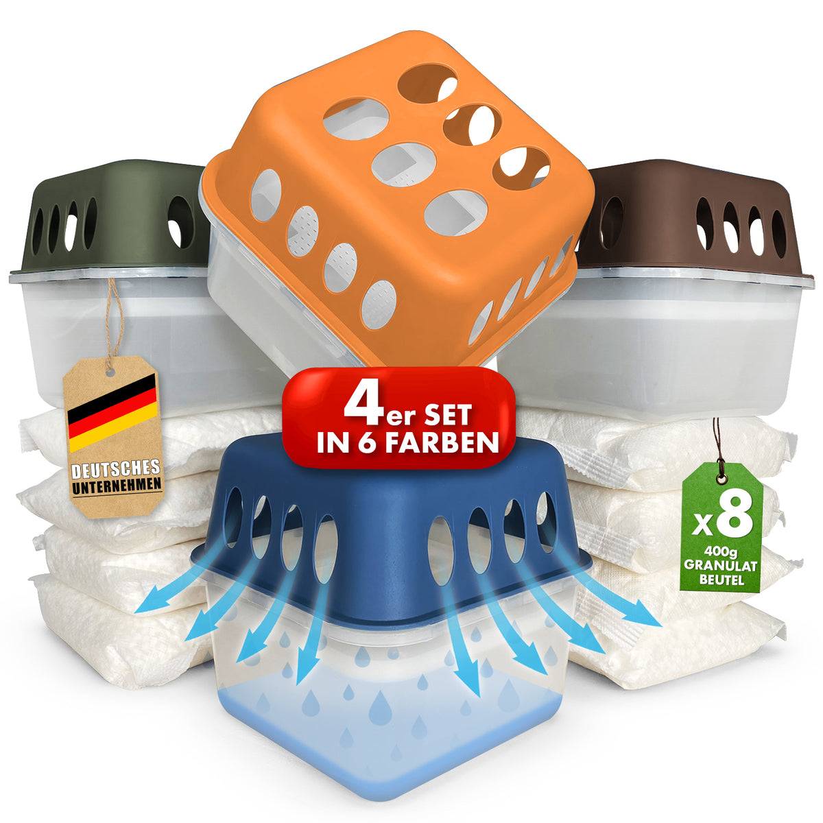 SET van 4 luchtontvochtigers | Kamerontvochtigers in 6 kleuren en 2 designs | Navulbaar & herbruikbaar