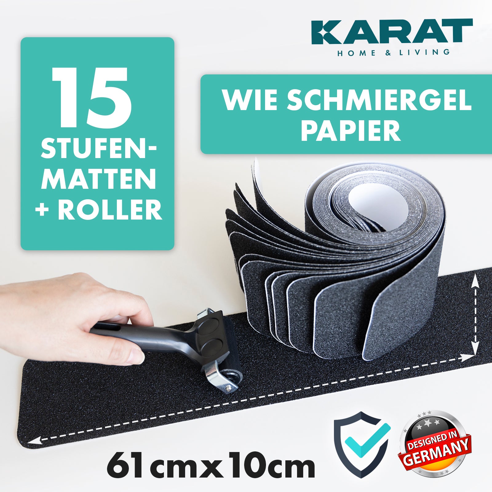 Antislip strips voor trappen | Nicu | Ruw oppervlak | Zelfklevend | Set van 15 inclusief montageroller | Zwart | 10 x 61 cm