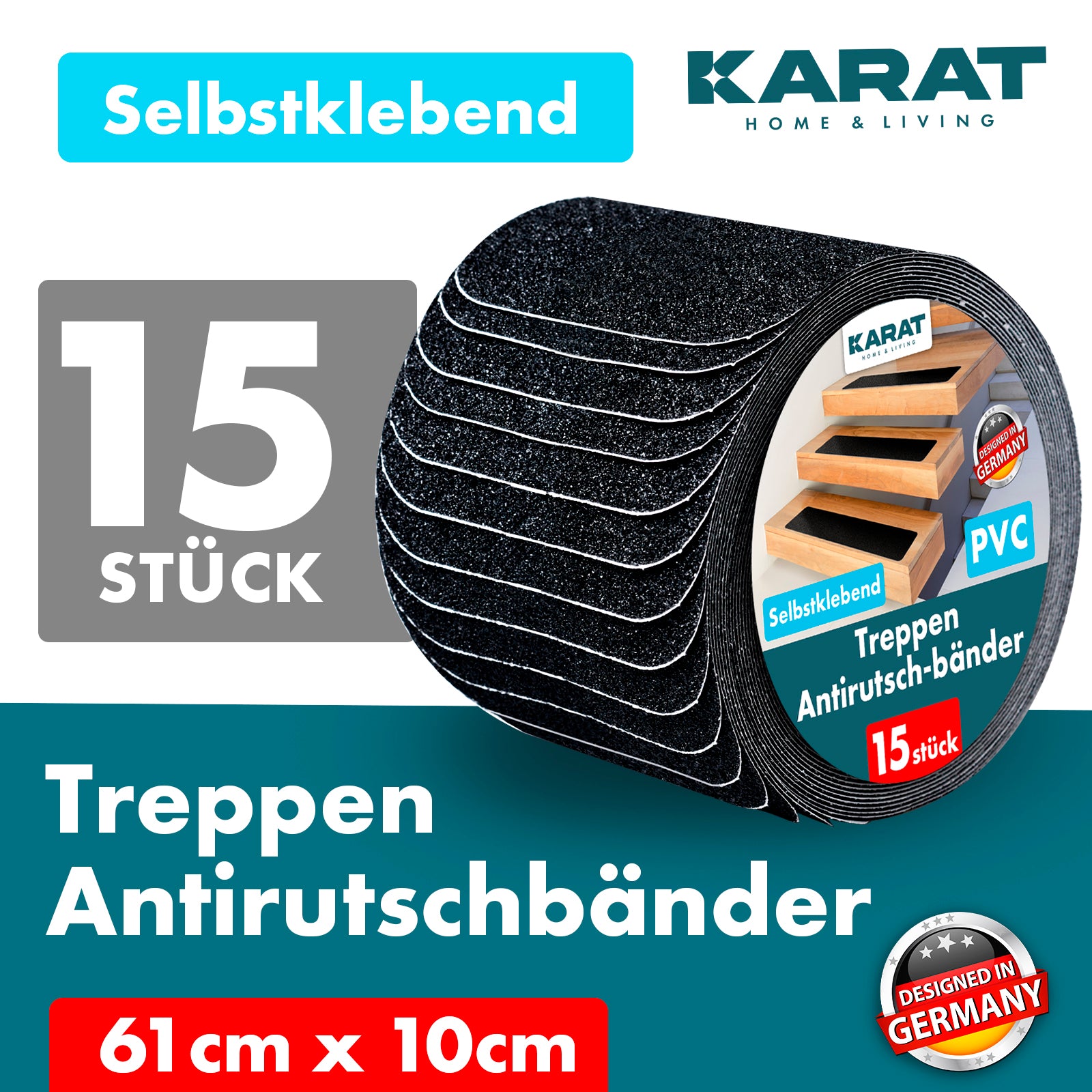 Antislip strips voor trappen | Nicu | Ruw oppervlak | Zelfklevend | Set van 15 inclusief montageroller | Zwart | 10 x 61 cm