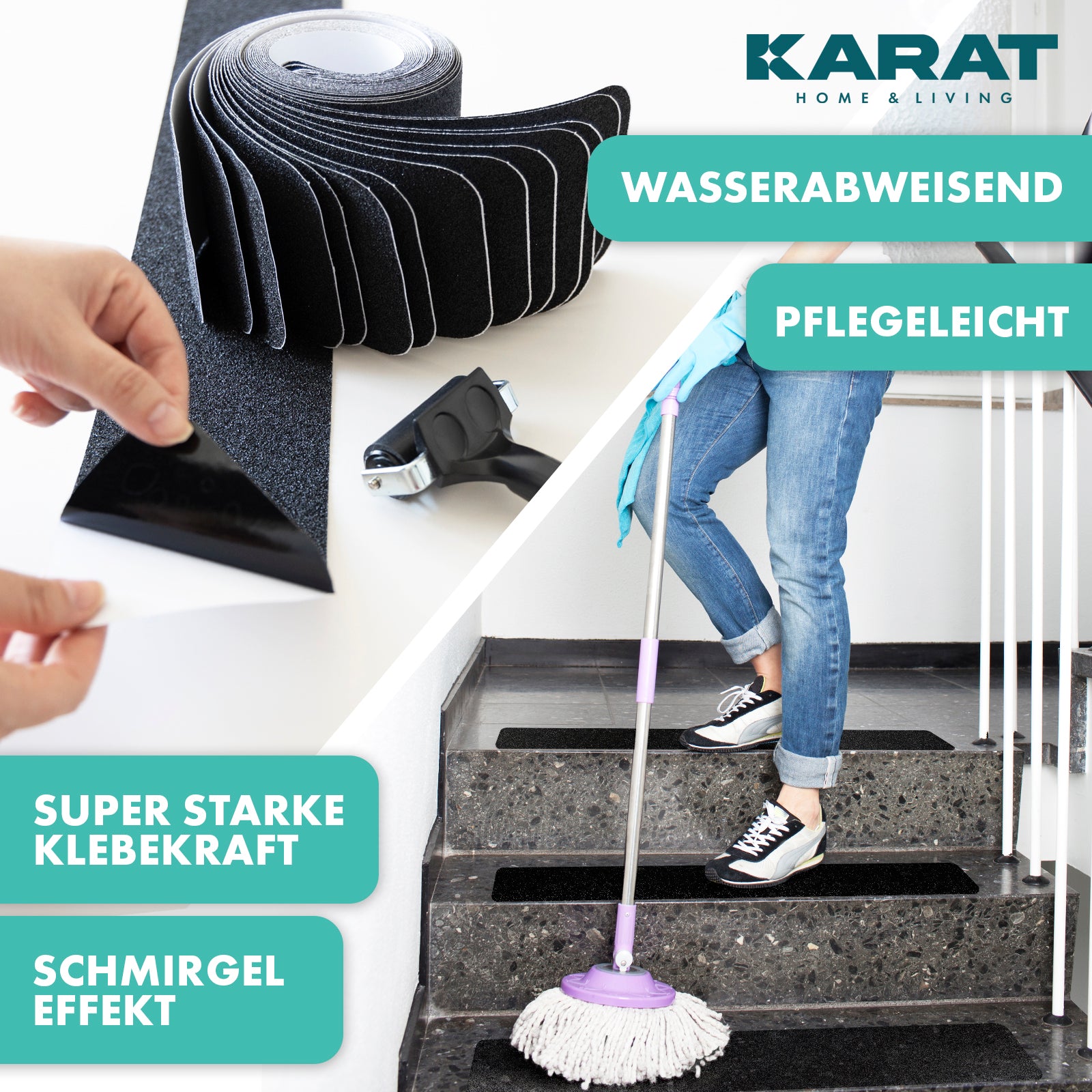 Antislip strips voor trappen | Nicu | Ruw oppervlak | Zelfklevend | Set van 15 inclusief montageroller | Zwart | 10 x 61 cm