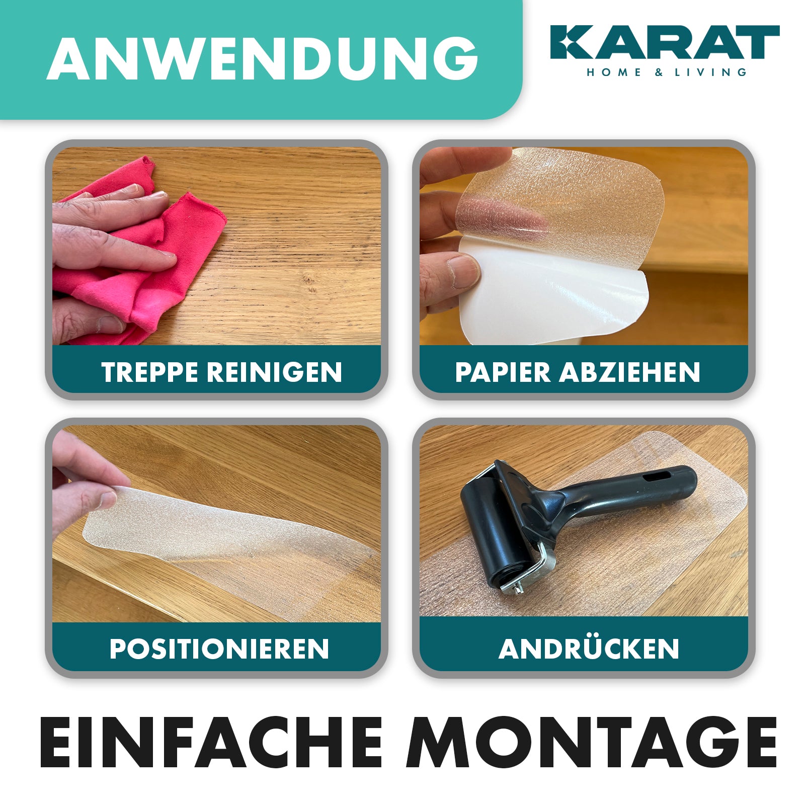 Antislip strips voor trappen | Henri | Getextureerd oppervlak | Zelfklevend | Set van 15 inclusief montageroller | Transparant | 10 x 60 cm