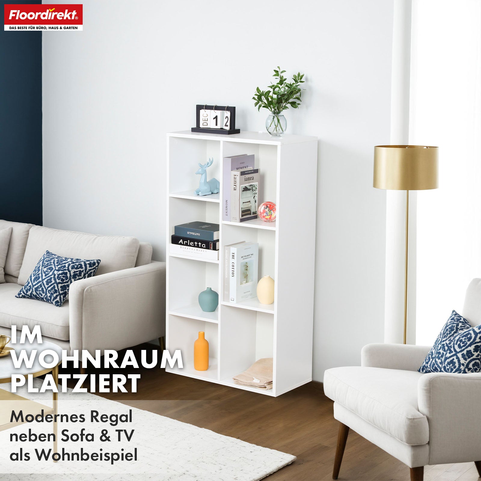 Boekenkast | California | Modern, ruimtebesparend MDF schap met kantelbeveiliging in wit 4-8 open vakken