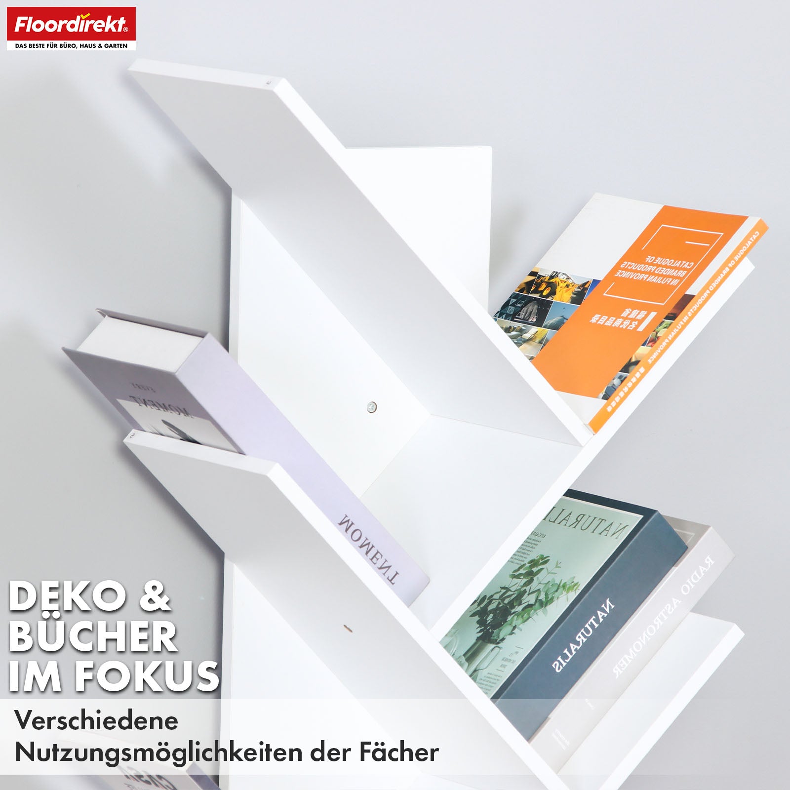 Boekenkast | Louisiana | Boomvormige staande plank in wit met 5 of 9 houten planken
