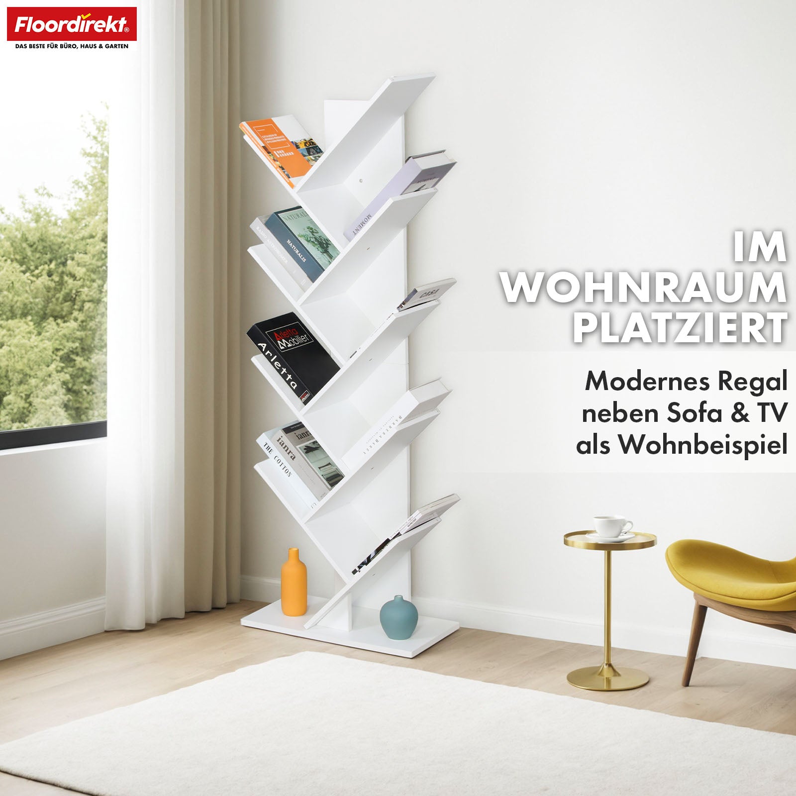 Boekenkast | Louisiana | Boomvormige staande plank in wit met 5 of 9 houten planken