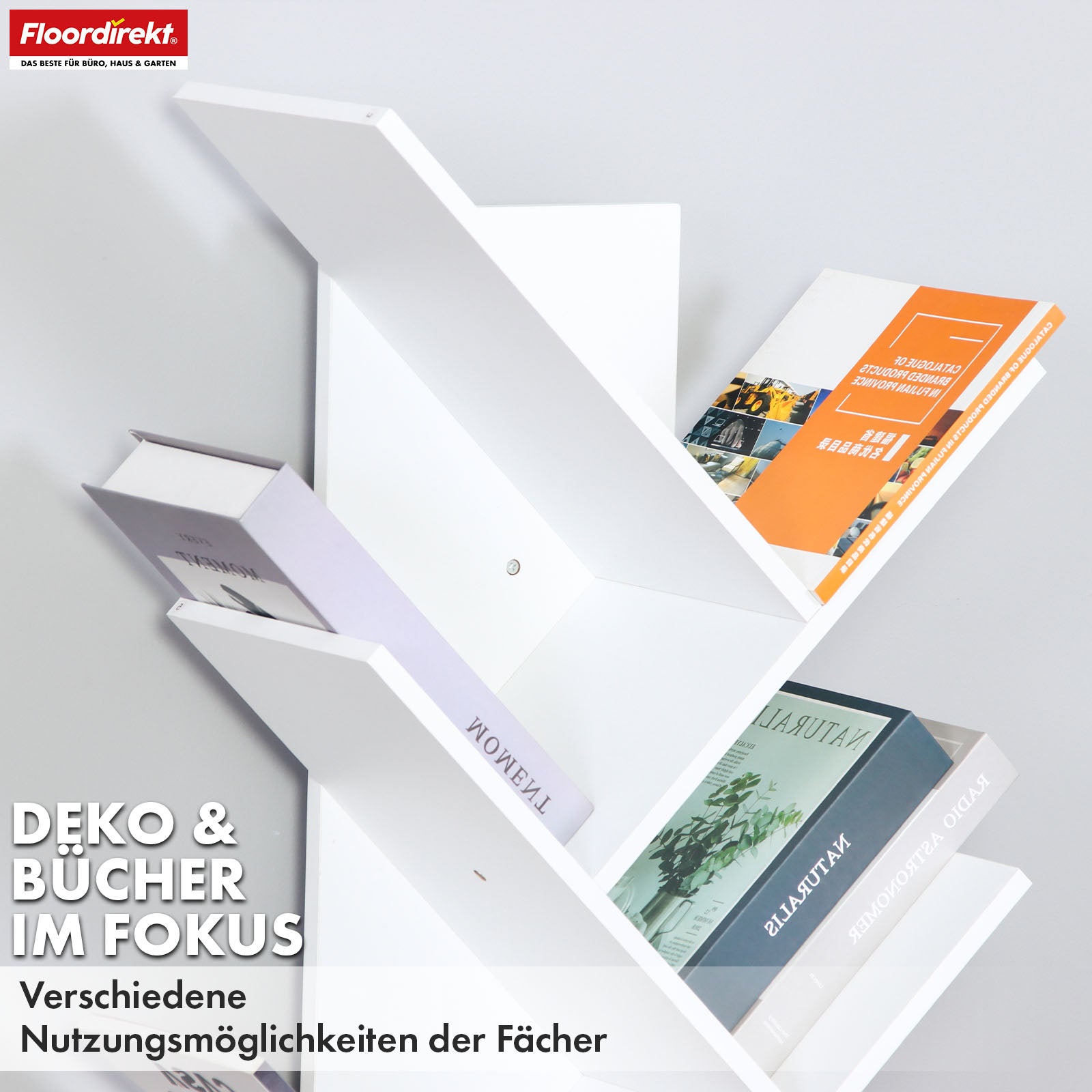 Boekenkast | Louisiana | Boomvormige staande plank in wit met 5 of 9 houten planken