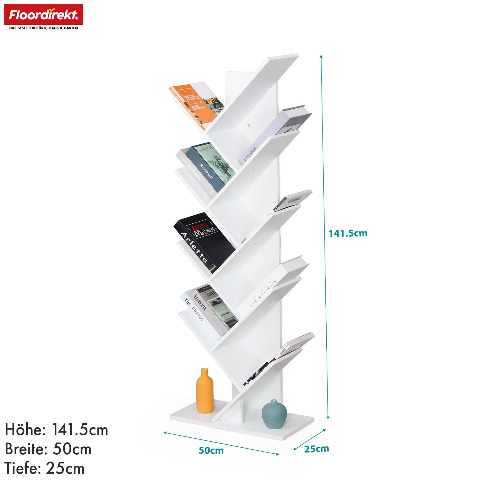 Boekenkast | Louisiana | Boomvormige staande plank in wit met 5 of 9 houten planken