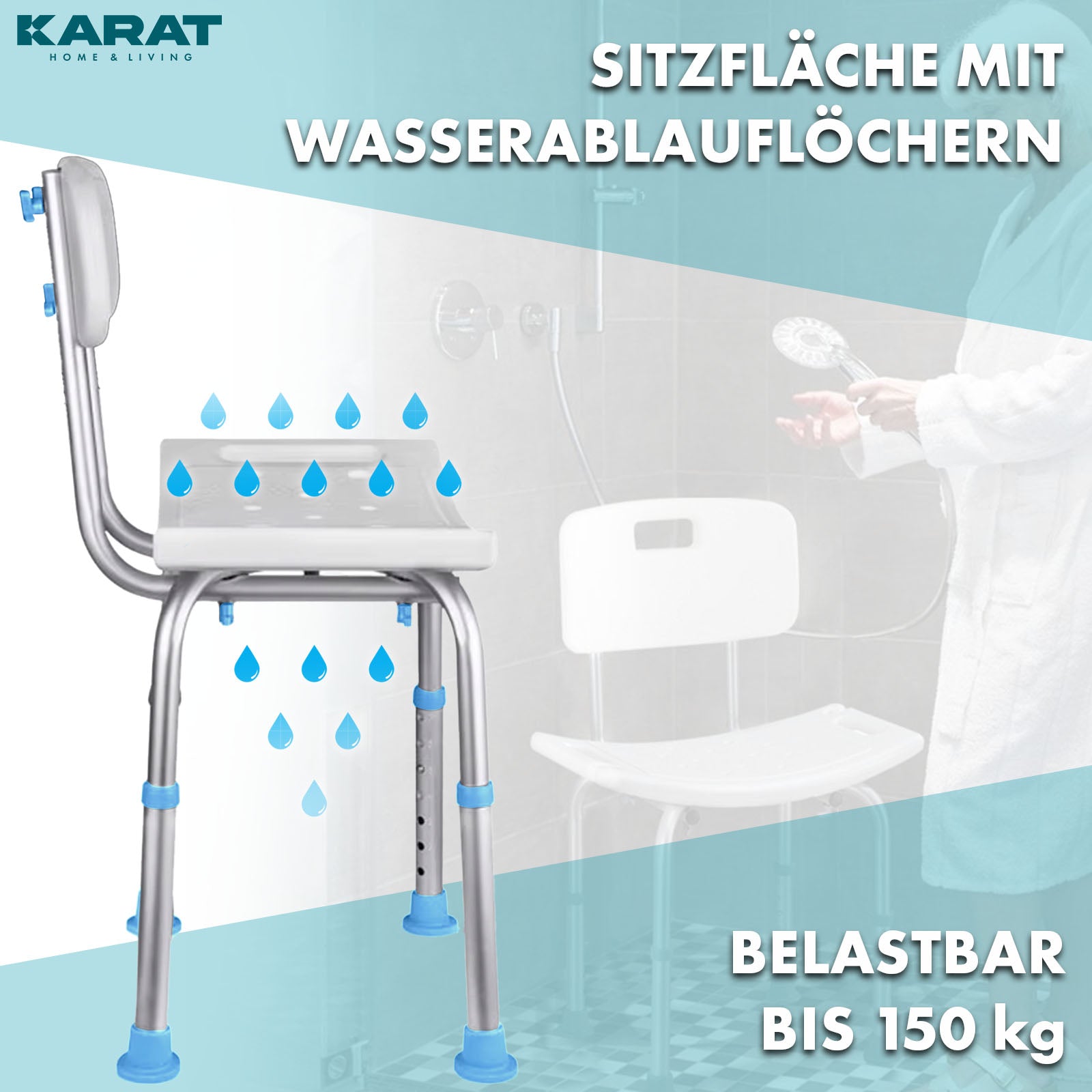 Douchekruk | Jonah | In hoogte verstelbaar met rugleuning | Ergonomische badstoel voor bad en douche, anti-slip & stabiel, belastbaar tot 150 kg