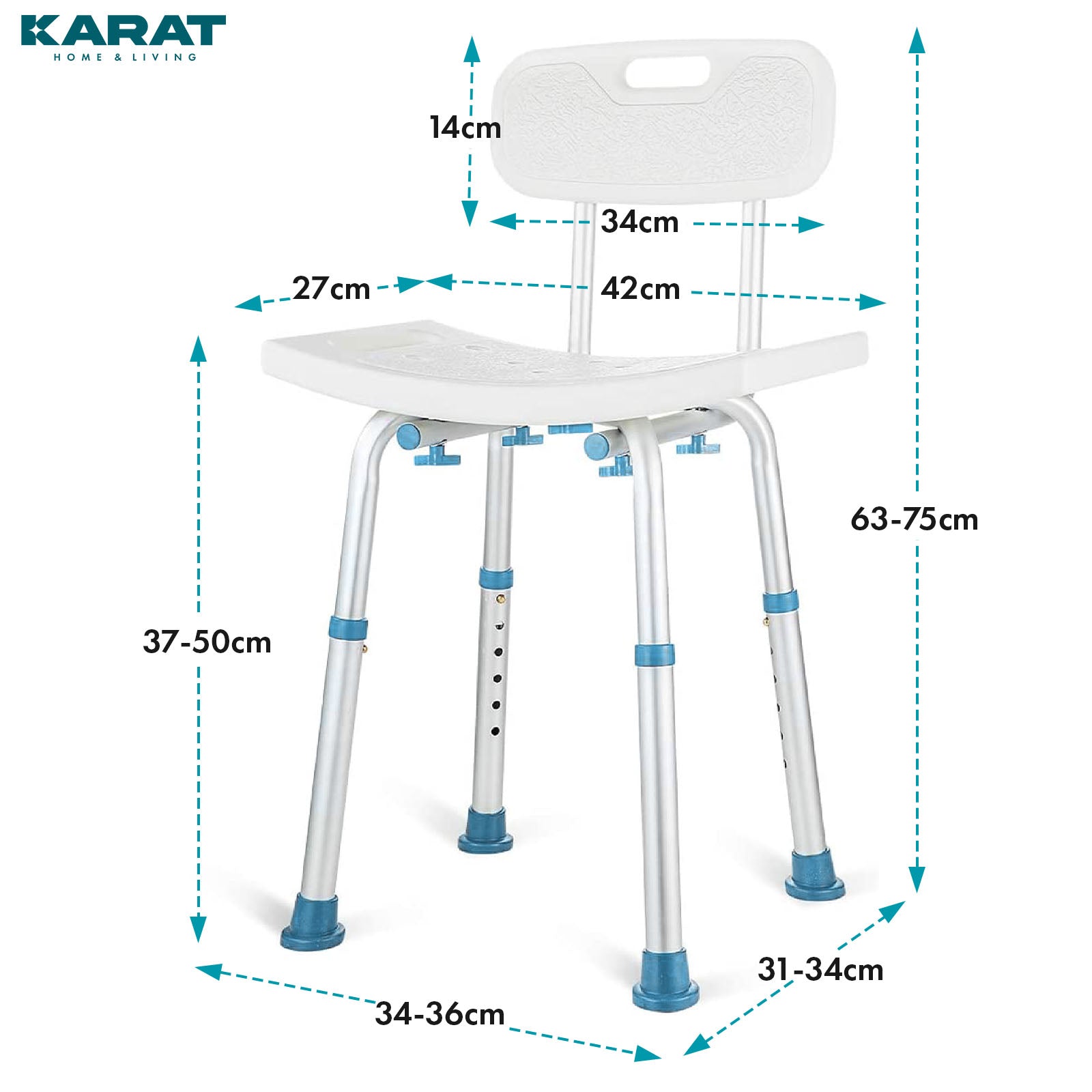 Douchekruk | Jonah | In hoogte verstelbaar met rugleuning | Ergonomische badstoel voor bad en douche, anti-slip & stabiel, belastbaar tot 150 kg