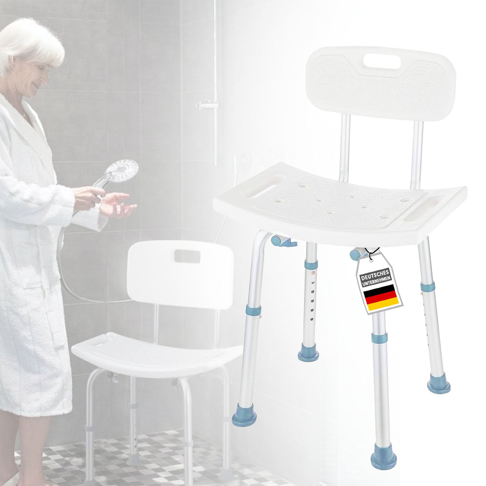 Douchekruk | Jonah | In hoogte verstelbaar met rugleuning | Ergonomische badstoel voor bad en douche, anti-slip & stabiel, belastbaar tot 150 kg