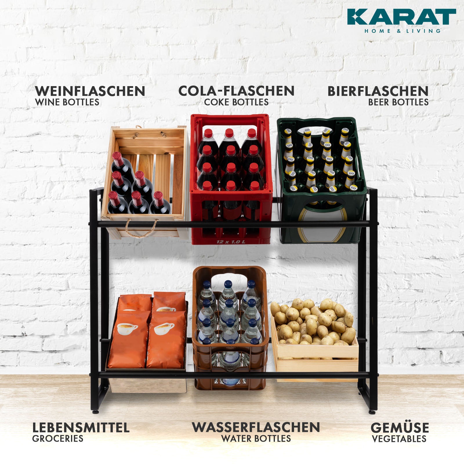 Flessenkrattenrek Kenji | Robuuste opbergrekken voor kantoor, keuken, garage of hal | Zwart | Verkrijgbaar in 2 maten
