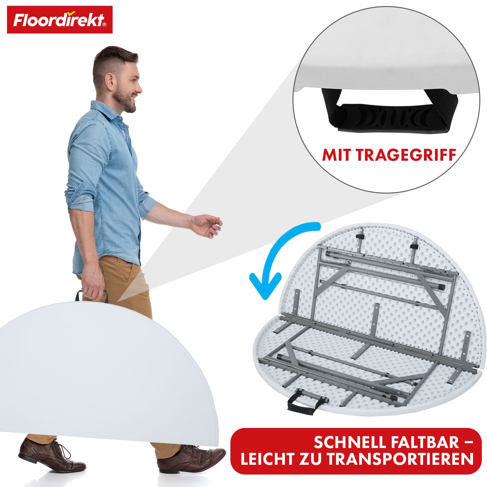 Klaptafel | Shiga | Ronde witte tuintafel | Opvouwbaar met handvat | 120 cm diameter