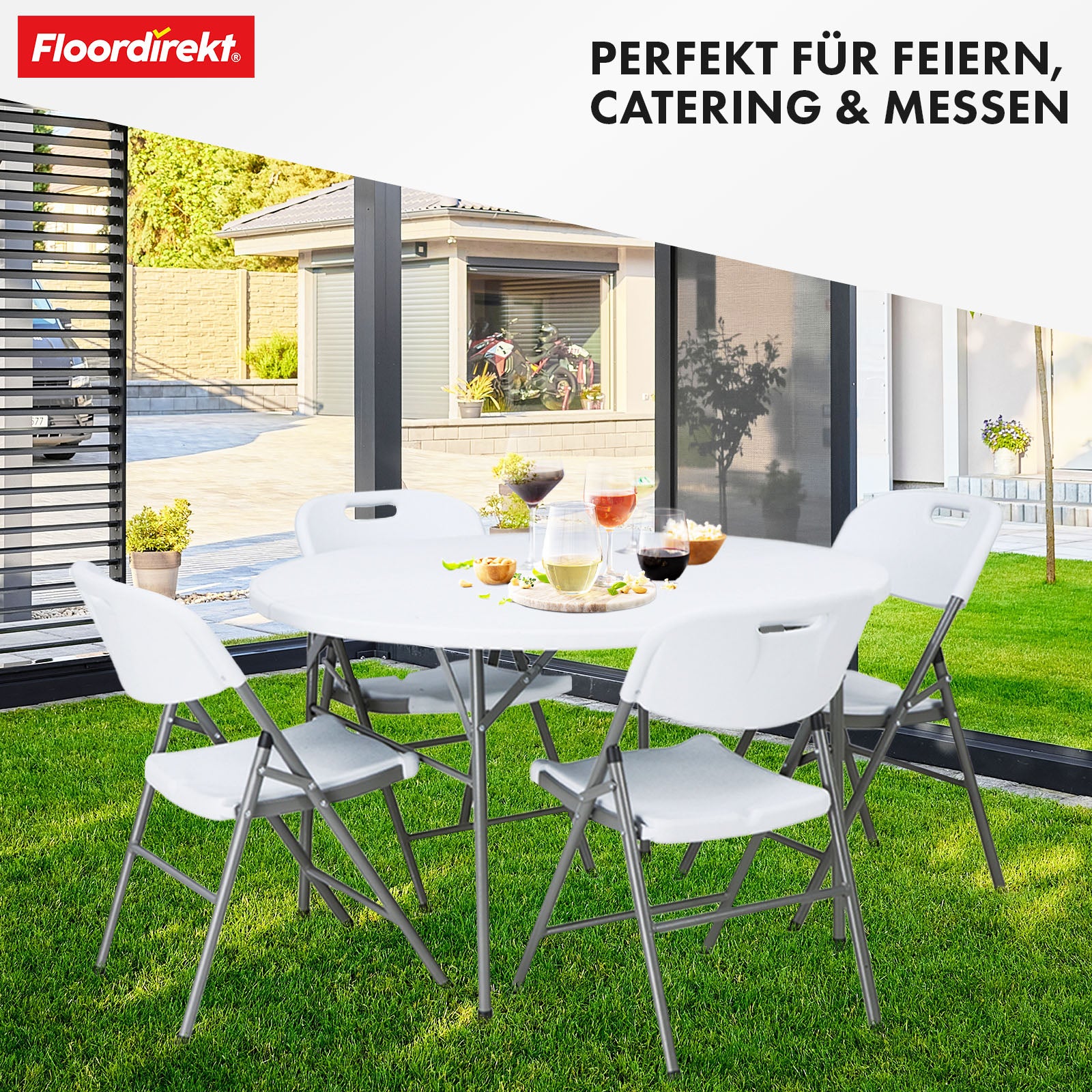 Klaptafel | Shiga | Ronde witte tuintafel | Opvouwbaar met handvat | 120 cm diameter