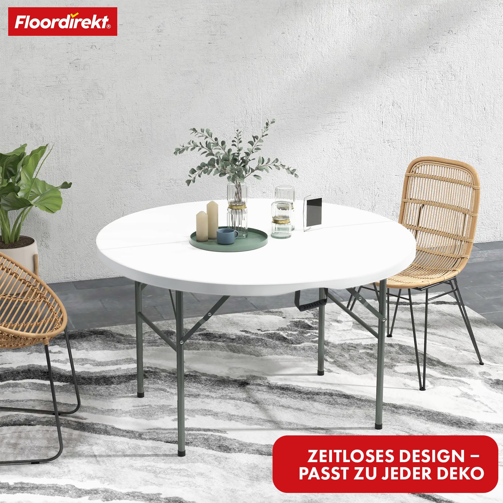 Klaptafel | Shiga | Ronde witte tuintafel | Opvouwbaar met handvat | 120 cm diameter