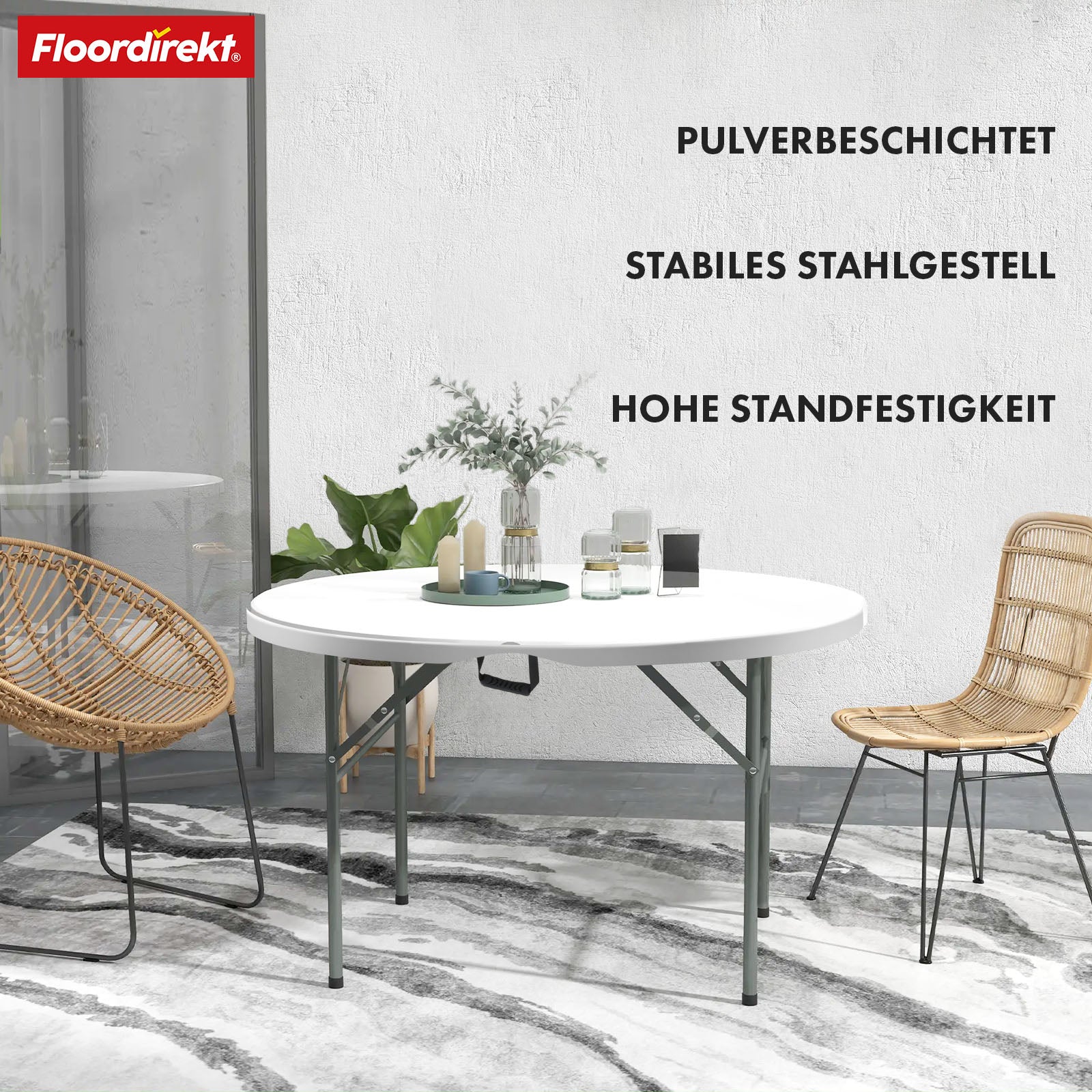 Klaptafel | Shiga | Ronde witte tuintafel | Opvouwbaar met handvat | 120 cm diameter