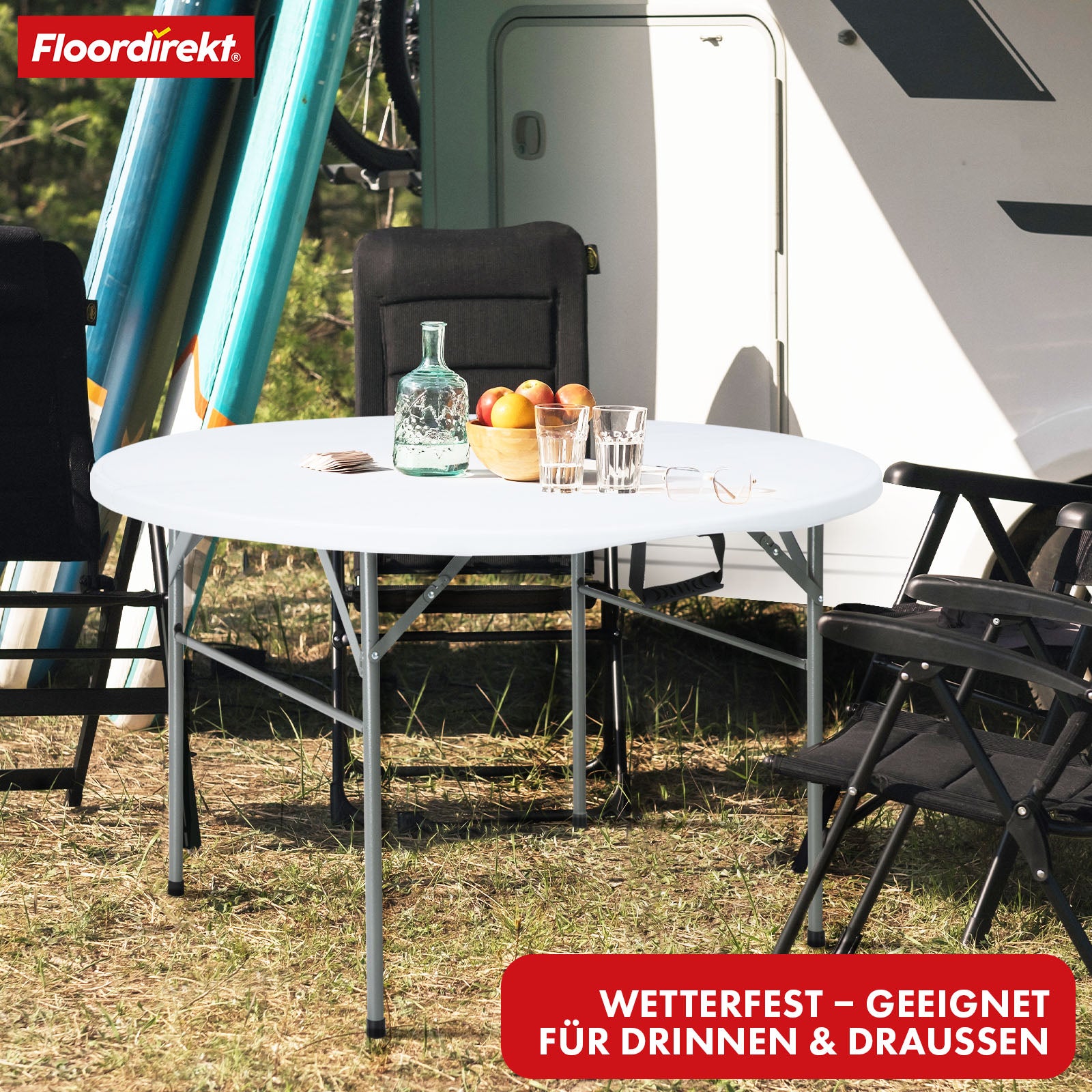 Klaptafel | Shiga | Ronde witte tuintafel | Opvouwbaar met handvat | 120 cm diameter