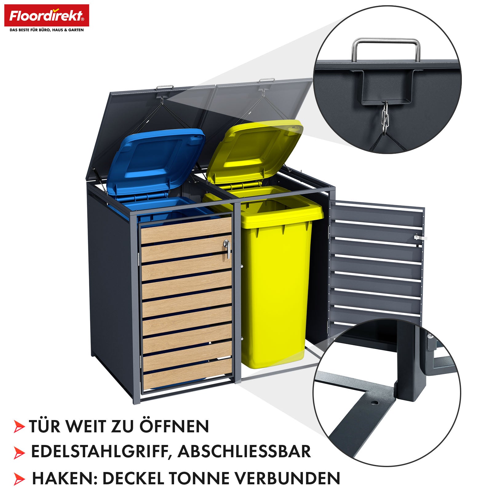 Afvalemmerbox | Johan | Antracietkleurige afvalemmerbehuizing met houten decor en robuust roestvrijstalen frame | 1-3 deuren | Afvalemmeropslag voor 60-240 liter