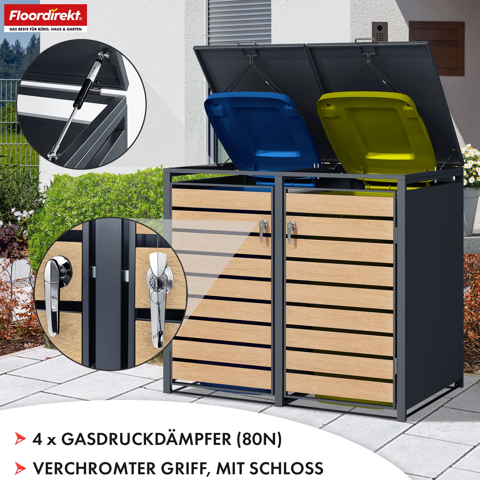 Afvalemmerbox | Johan | Antracietkleurige afvalemmerbehuizing met houten decor en robuust roestvrijstalen frame | 1-3 deuren | Afvalemmeropslag voor 60-240 liter