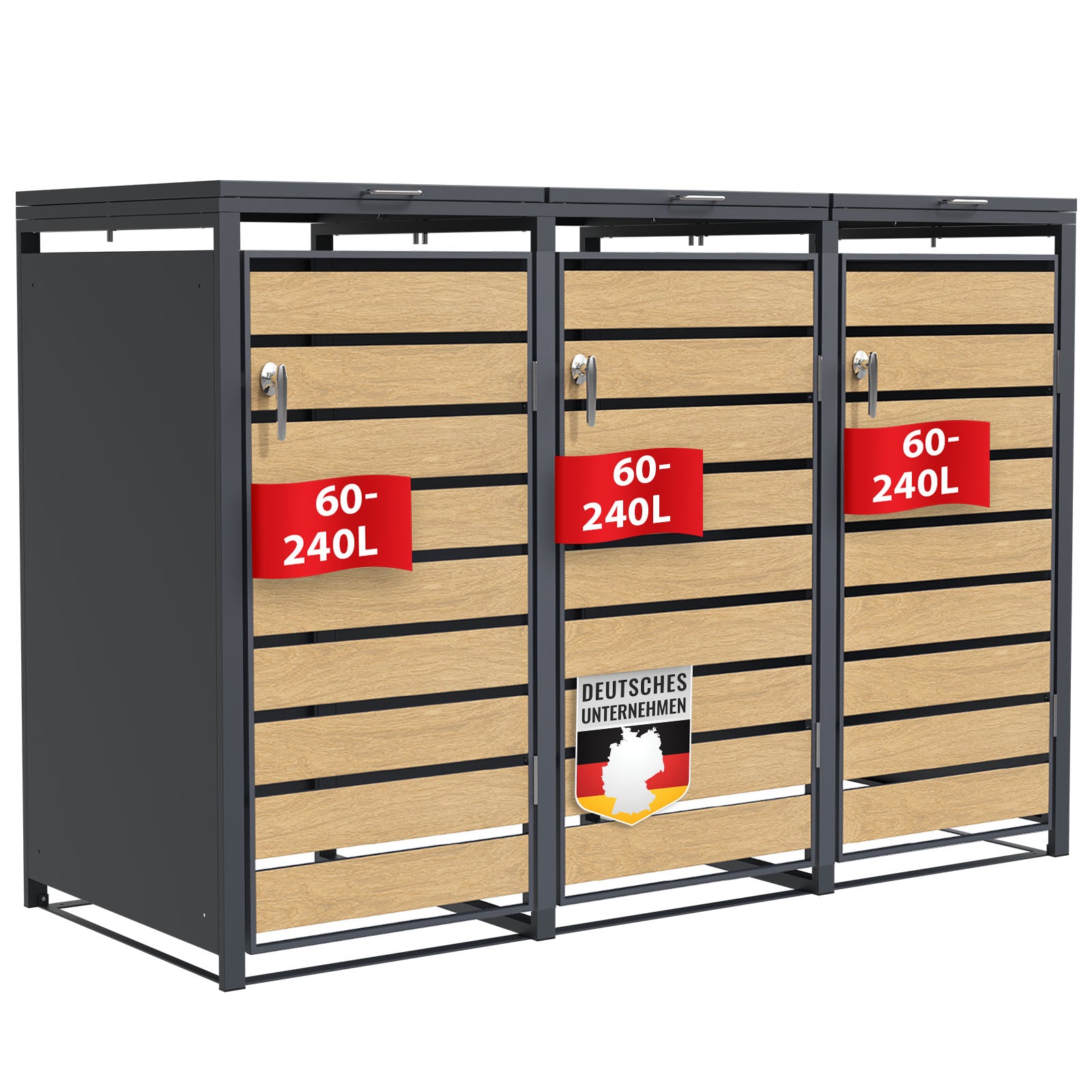 Afvalemmerbox | Johan | Antracietkleurige afvalemmerbehuizing met houten decor en robuust roestvrijstalen frame | 1-3 deuren | Afvalemmeropslag voor 60-240 liter