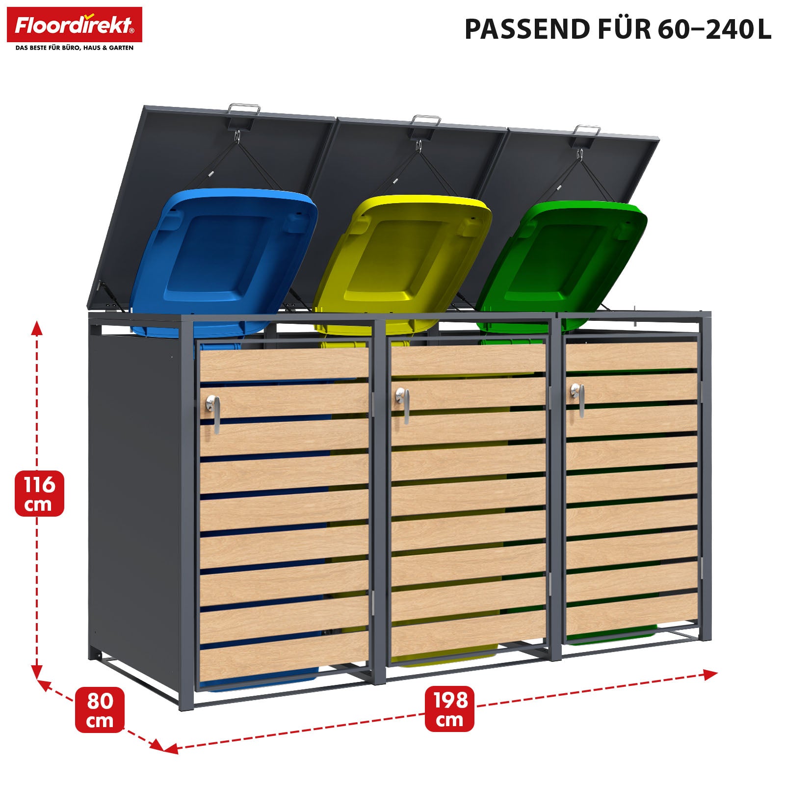 Afvalemmerbox | Johan | Antracietkleurige afvalemmerbehuizing met houten decor en robuust roestvrijstalen frame | 1-3 deuren | Afvalemmeropslag voor 60-240 liter