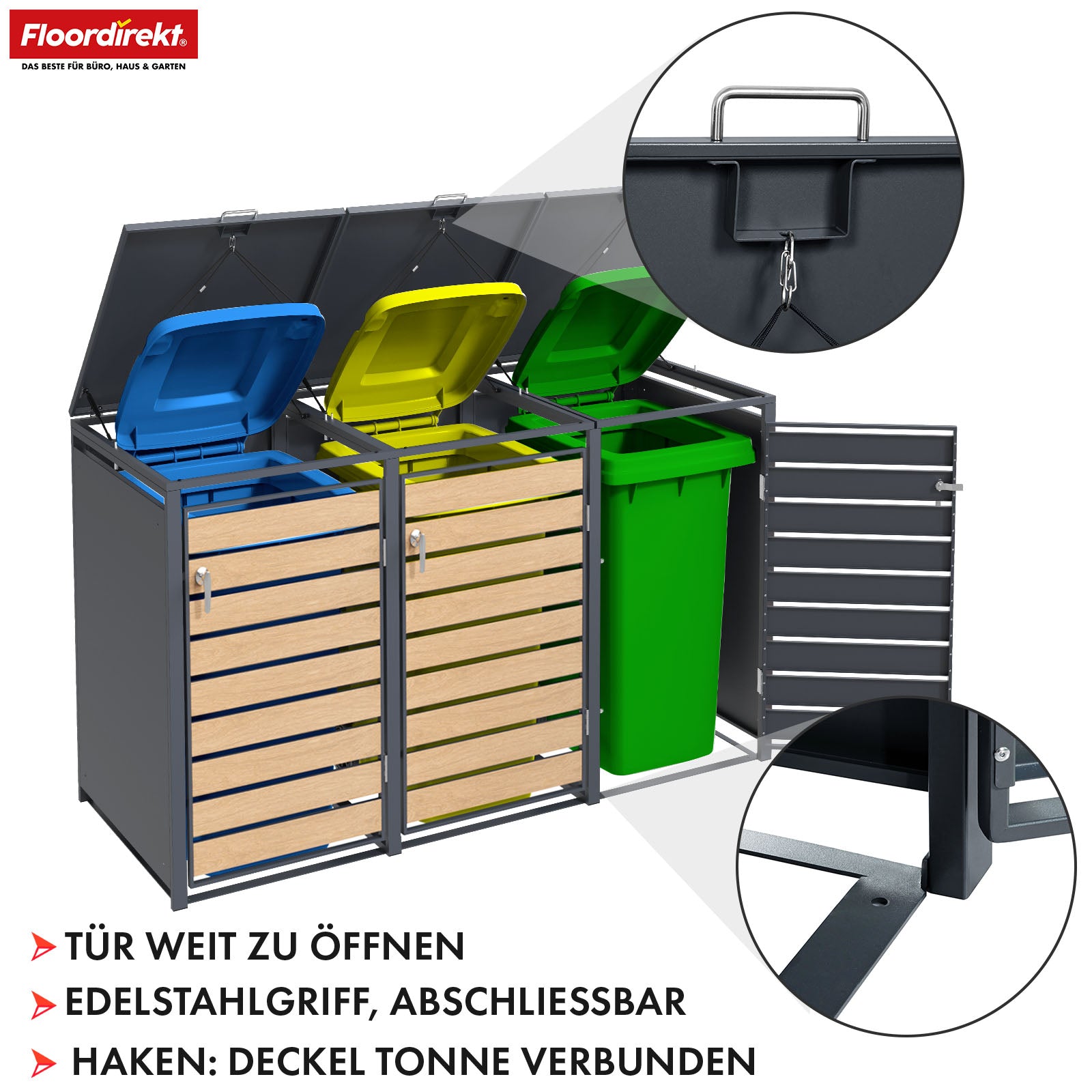 Afvalemmerbox | Johan | Antracietkleurige afvalemmerbehuizing met houten decor en robuust roestvrijstalen frame | 1-3 deuren | Afvalemmeropslag voor 60-240 liter