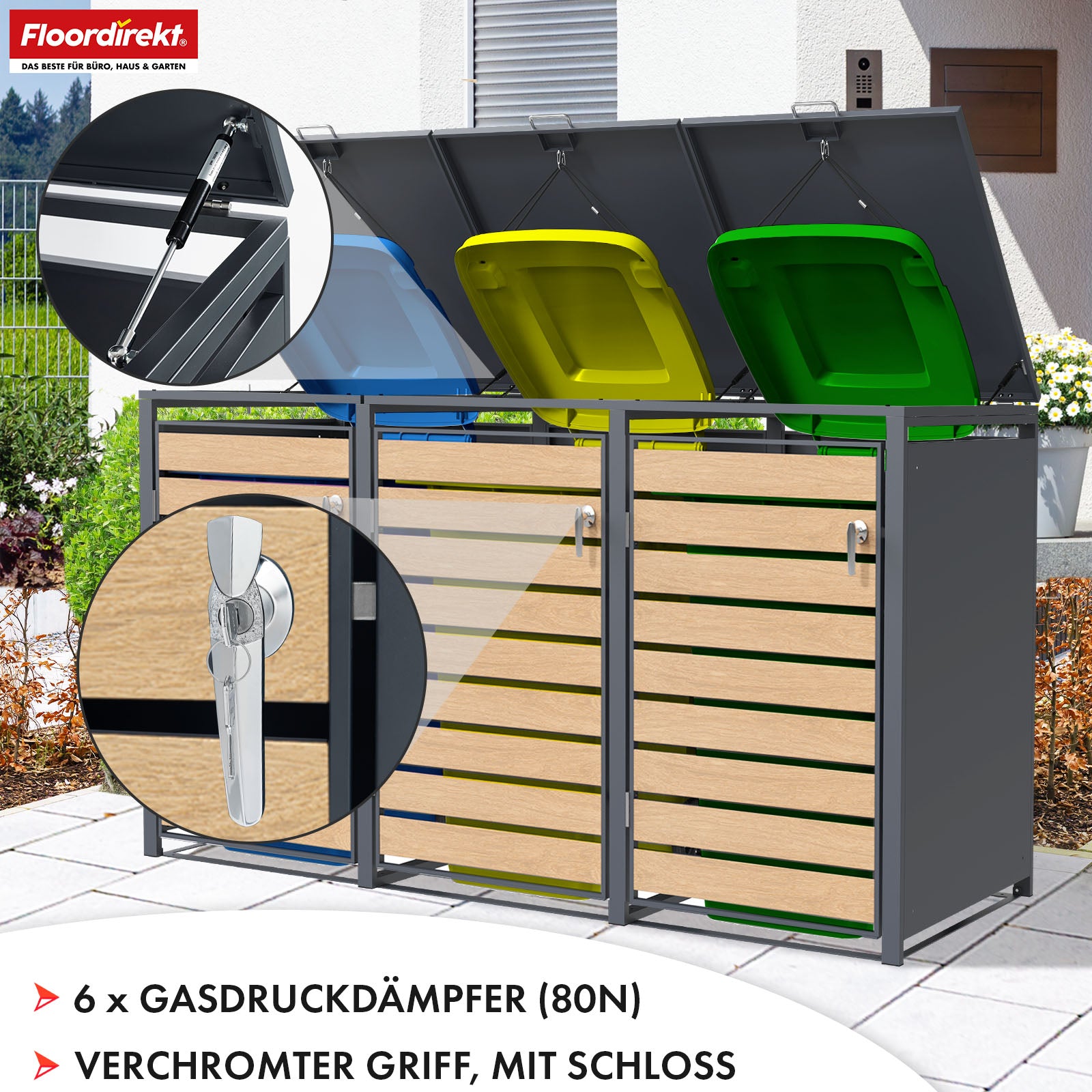 Afvalemmerbox | Johan | Antracietkleurige afvalemmerbehuizing met houten decor en robuust roestvrijstalen frame | 1-3 deuren | Afvalemmeropslag voor 60-240 liter