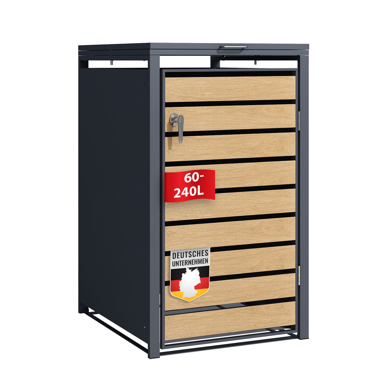 Afvalemmerbox | Johan | Antracietkleurige afvalemmerbehuizing met houten decor en robuust roestvrijstalen frame | 1-3 deuren | Afvalemmeropslag voor 60-240 liter