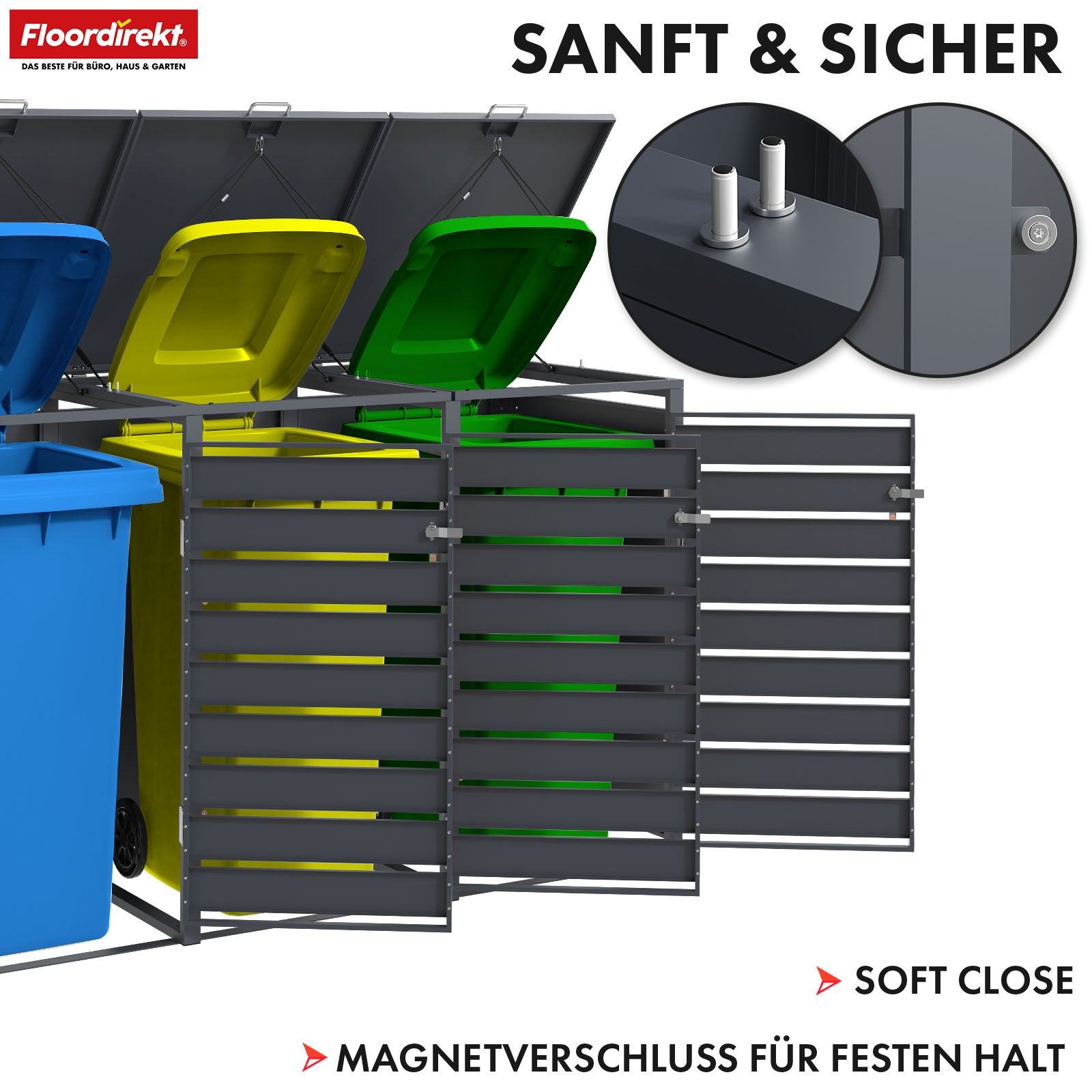 Afvalemmerbox | Johan | Antracietkleurige afvalemmerbehuizing met houten decor en robuust roestvrijstalen frame | 1-3 deuren | Afvalemmeropslag voor 60-240 liter