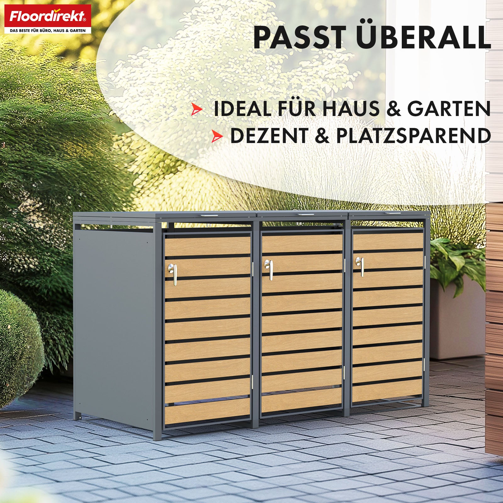 Afvalemmerbox | Johan | Antracietkleurige afvalemmerbehuizing met houten decor en robuust roestvrijstalen frame | 1-3 deuren | Afvalemmeropslag voor 60-240 liter