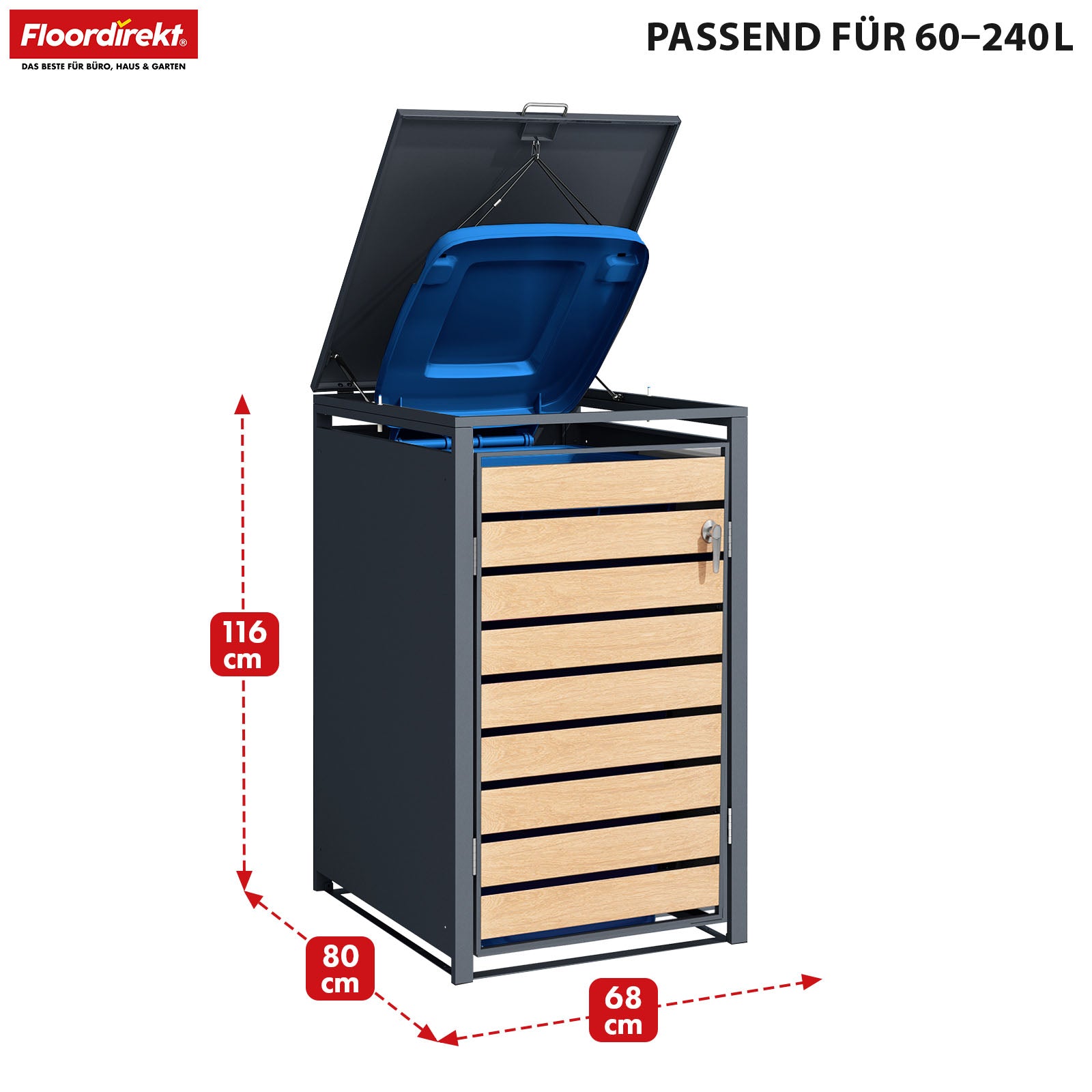 Afvalemmerbox | Johan | Antracietkleurige afvalemmerbehuizing met houten decor en robuust roestvrijstalen frame | 1-3 deuren | Afvalemmeropslag voor 60-240 liter