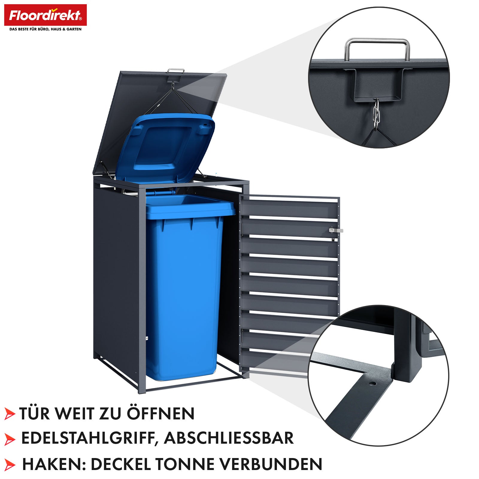 Afvalemmerbox | Johan | Antracietkleurige afvalemmerbehuizing met houten decor en robuust roestvrijstalen frame | 1-3 deuren | Afvalemmeropslag voor 60-240 liter