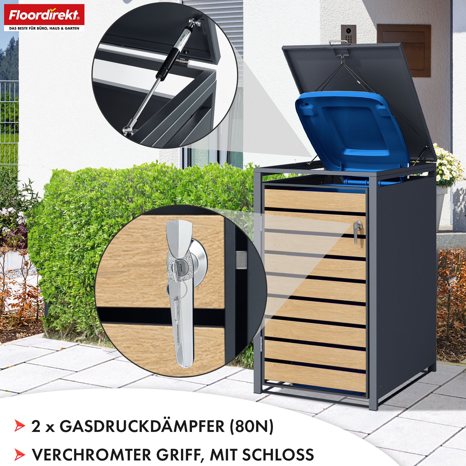 Afvalemmerbox | Johan | Antracietkleurige afvalemmerbehuizing met houten decor en robuust roestvrijstalen frame | 1-3 deuren | Afvalemmeropslag voor 60-240 liter