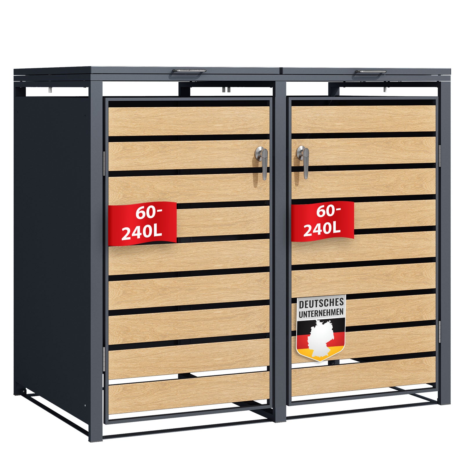 Afvalemmerbox | Johan | Antracietkleurige afvalemmerbehuizing met houten decor en robuust roestvrijstalen frame | 1-3 deuren | Afvalemmeropslag voor 60-240 liter