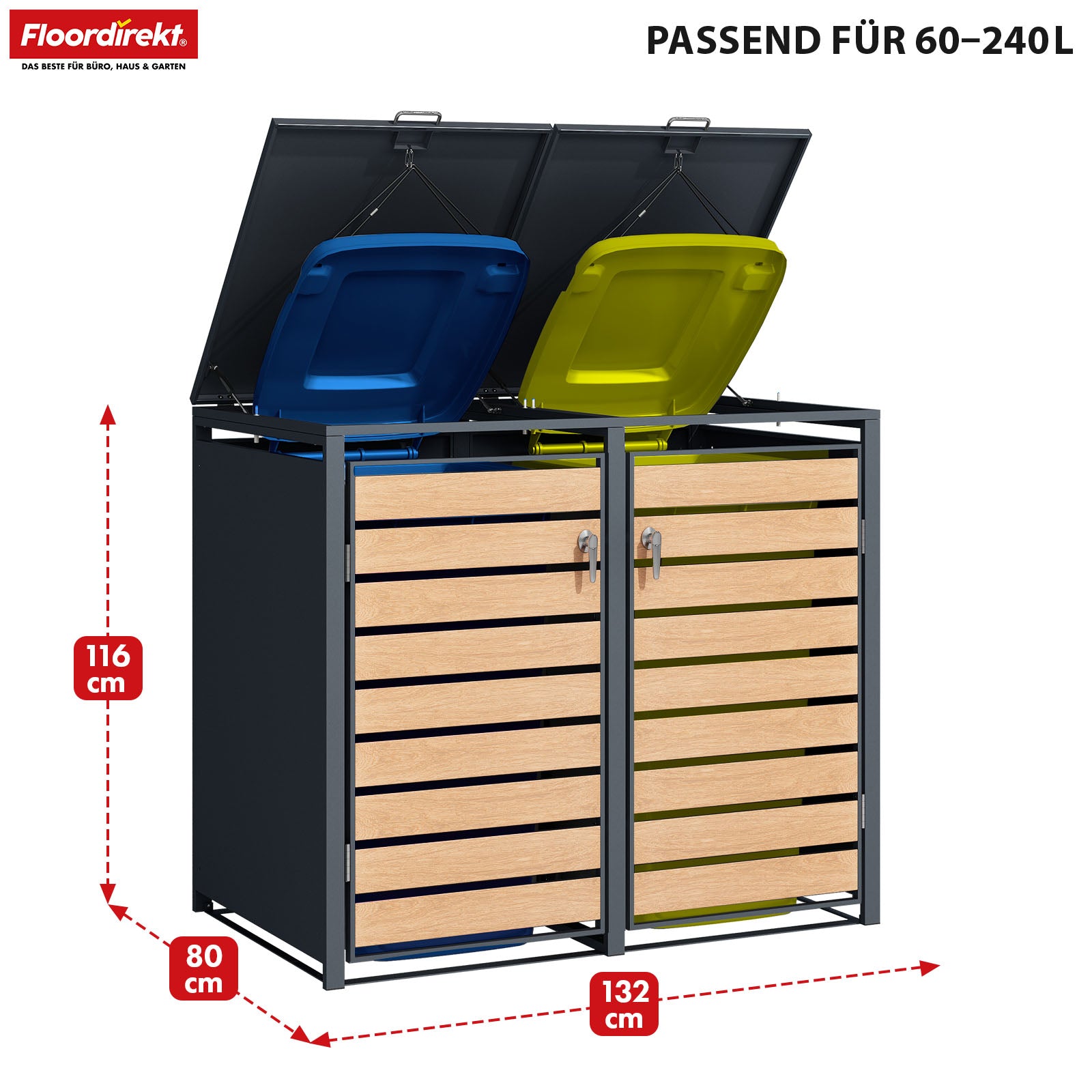 Afvalemmerbox | Johan | Antracietkleurige afvalemmerbehuizing met houten decor en robuust roestvrijstalen frame | 1-3 deuren | Afvalemmeropslag voor 60-240 liter