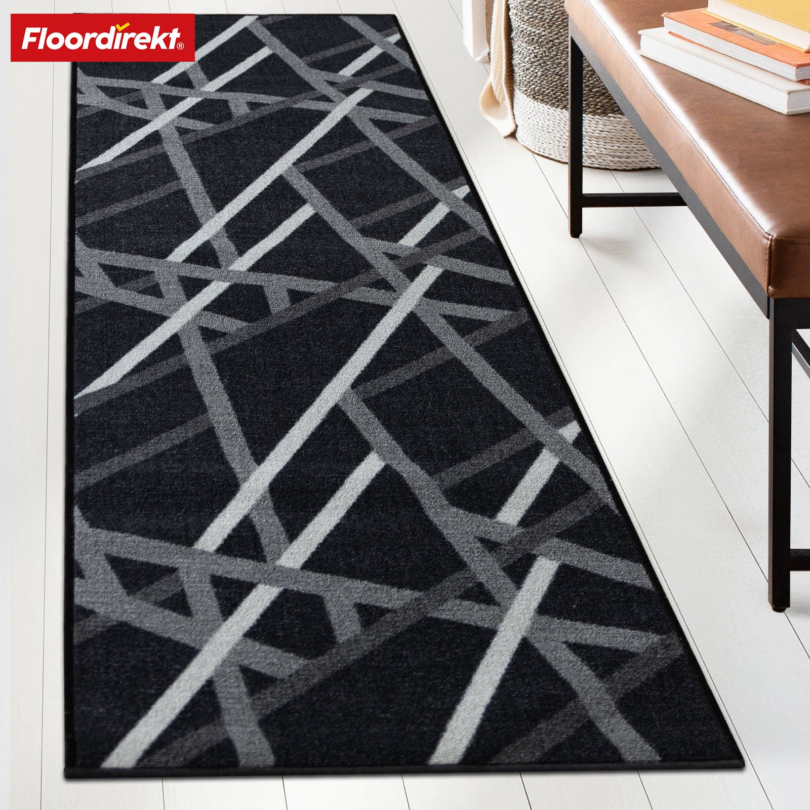 Tapijtloper op maat | Printed | Antraciet met strepen | Antislip en onderhoudsvriendelijk
