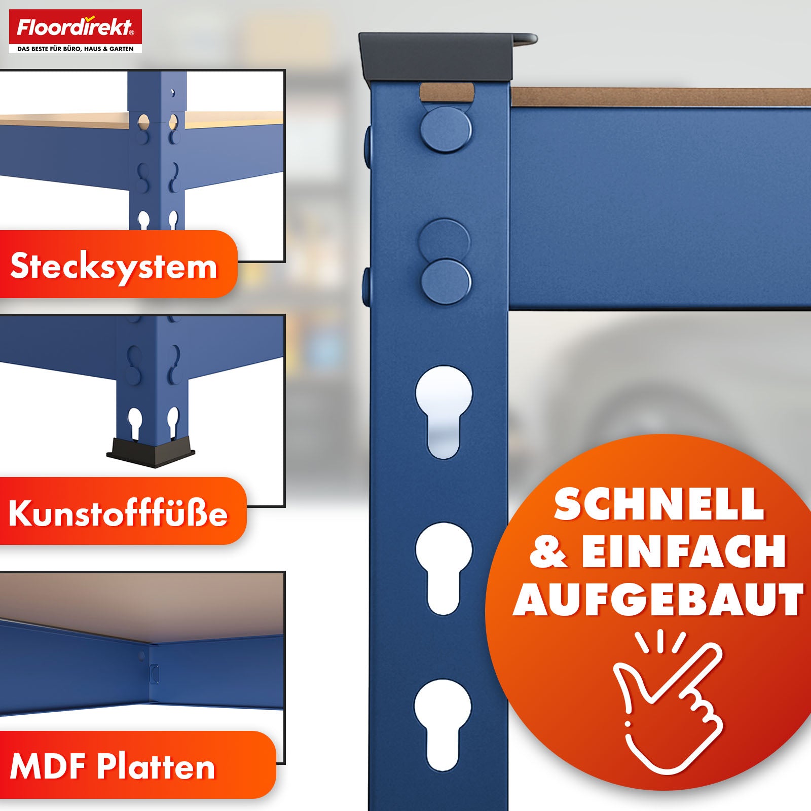 Stellingen voor zwaar gebruik | Rhino | Opbergrekken met 5 legplanken | 1050 kg draagvermogen | Innovatief insteeksysteem | In verschillende kleuren en afmetingen