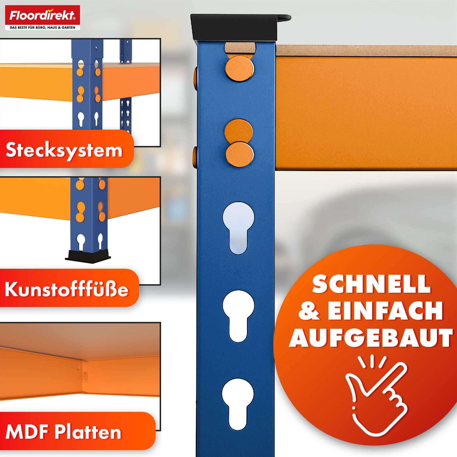 Stellingen voor zwaar gebruik | Rhino | Opbergrekken met 5 legplanken | 1050 kg draagvermogen | Innovatief insteeksysteem | In verschillende kleuren en afmetingen