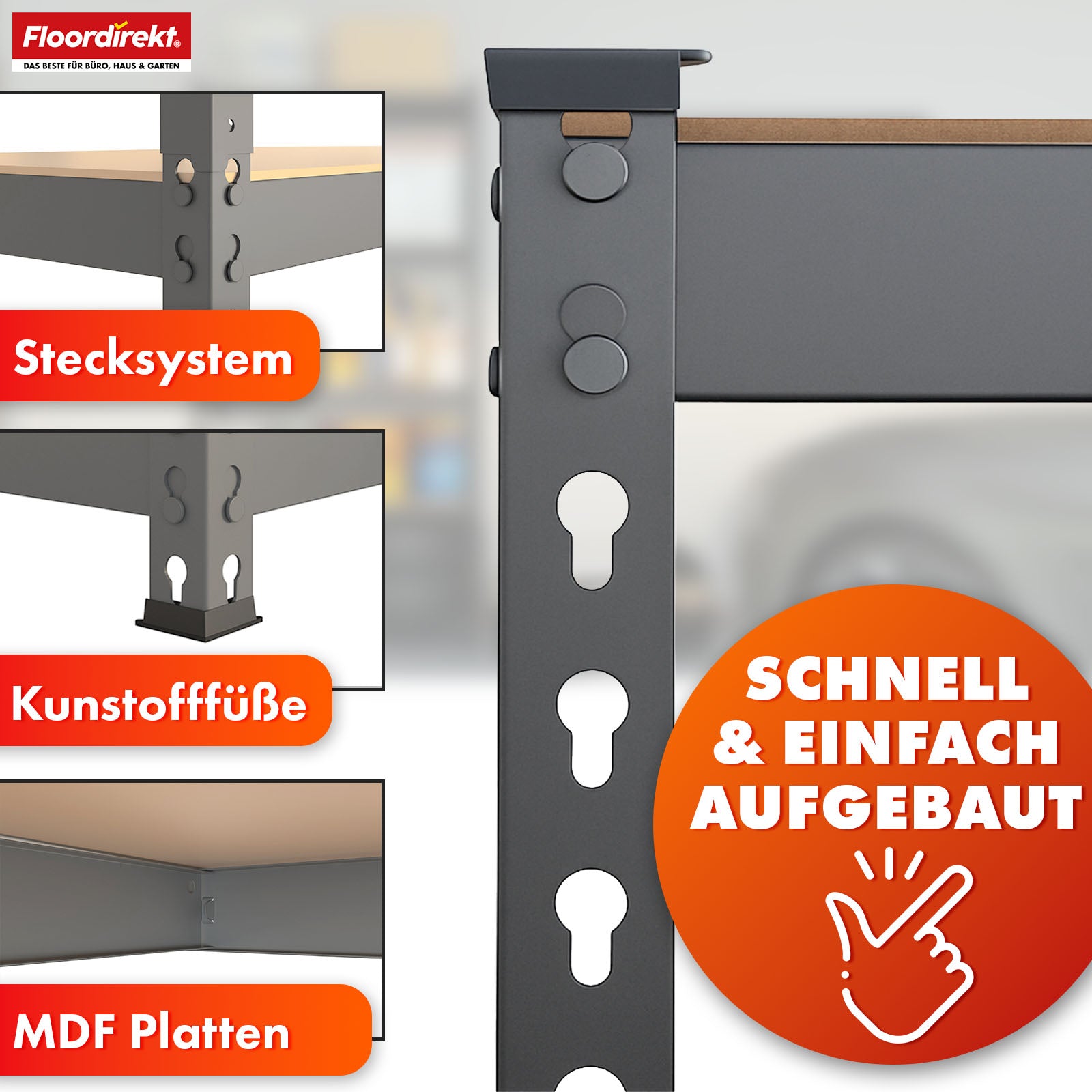 Stellingen voor zwaar gebruik | Rhino | Opbergrekken met 5 legplanken | 1050 kg draagvermogen | Innovatief insteeksysteem | In verschillende kleuren en afmetingen