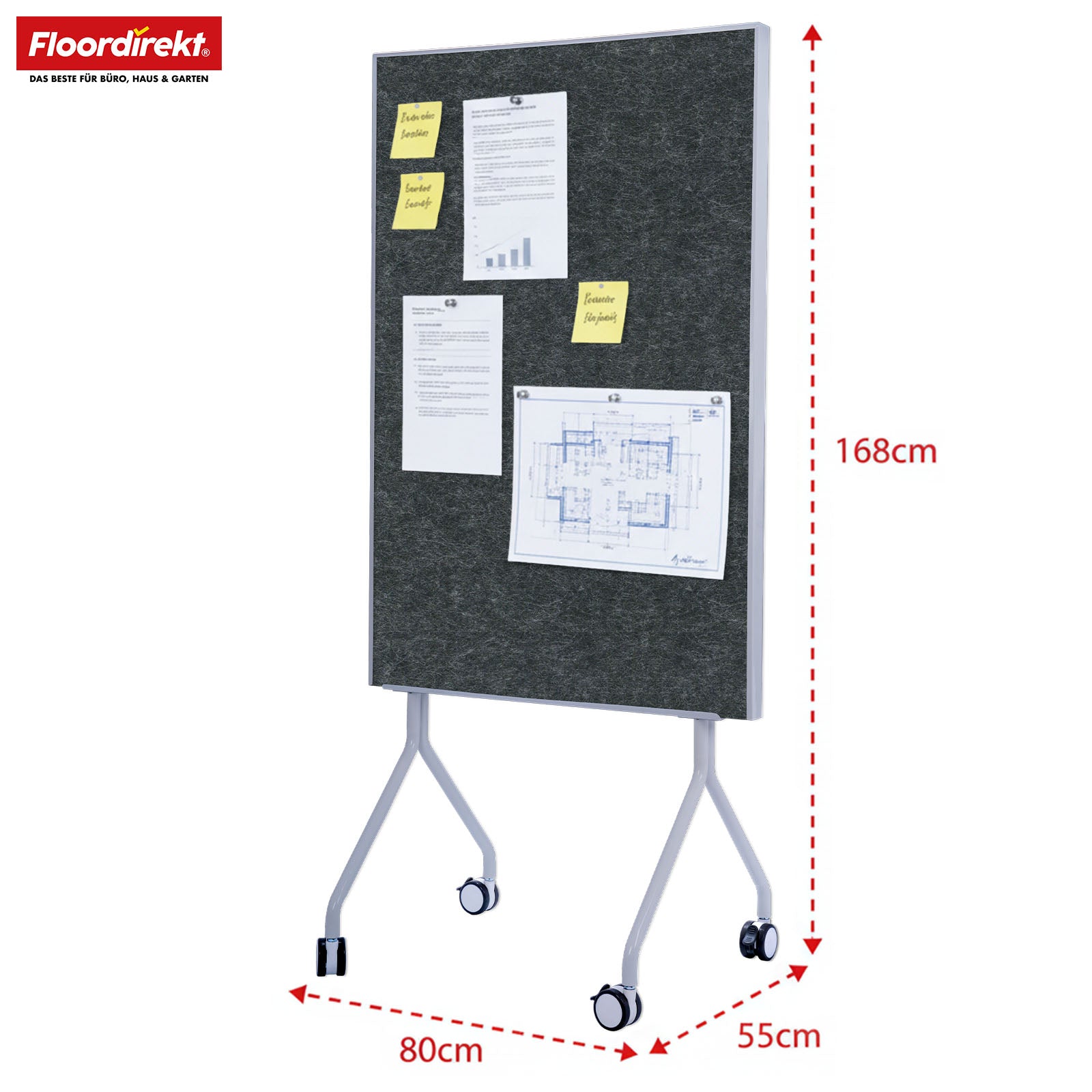 Mobiel presentatiebord | Giant | Dubbelzijdig viltbord 80 x 120 cm met vergrendelbare wielen en opbergvak | Verkrijgbaar in verschillende kleuren