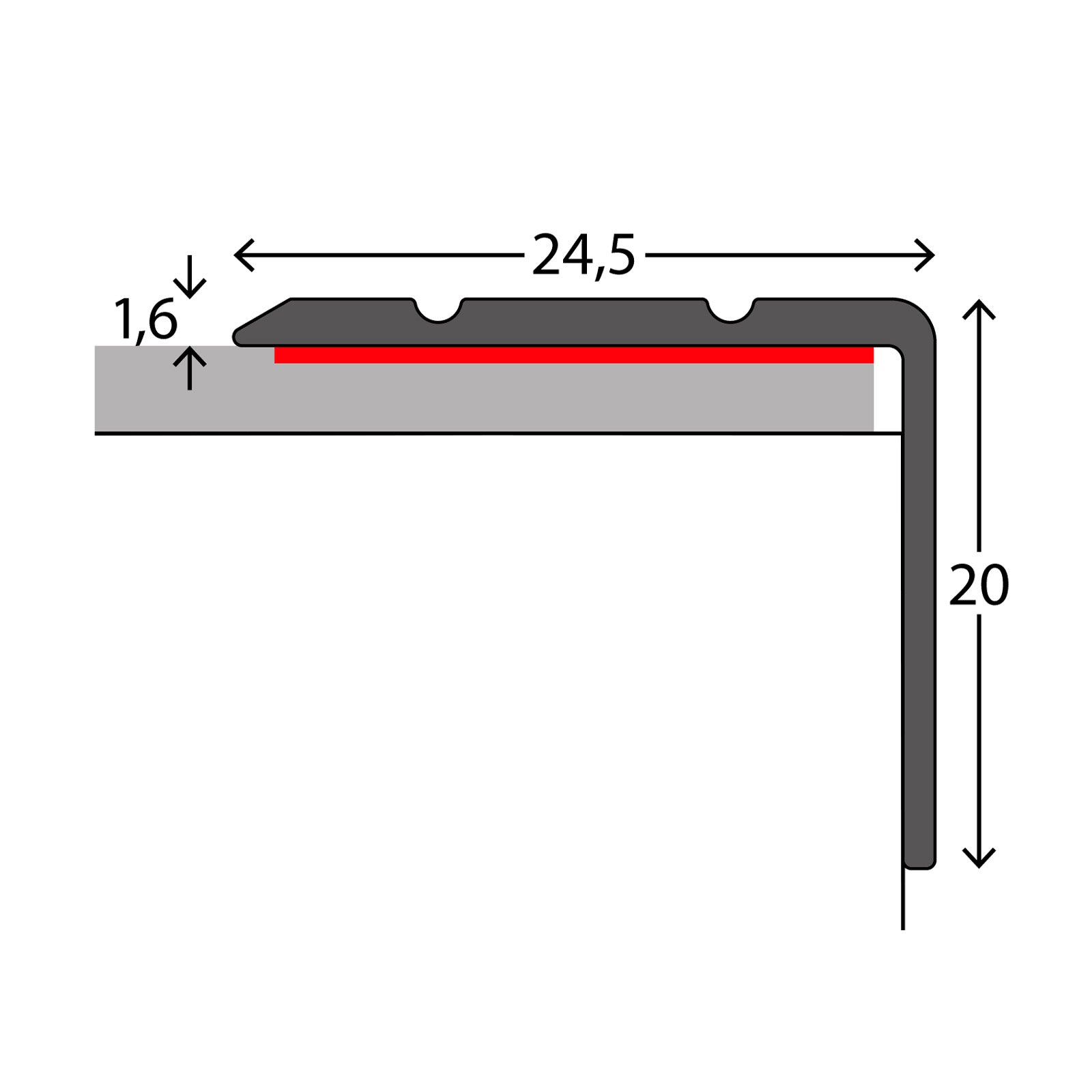 Trapprofiel | Voor traptreden & bordessen | Aluminium | 24,5 x 20 mm