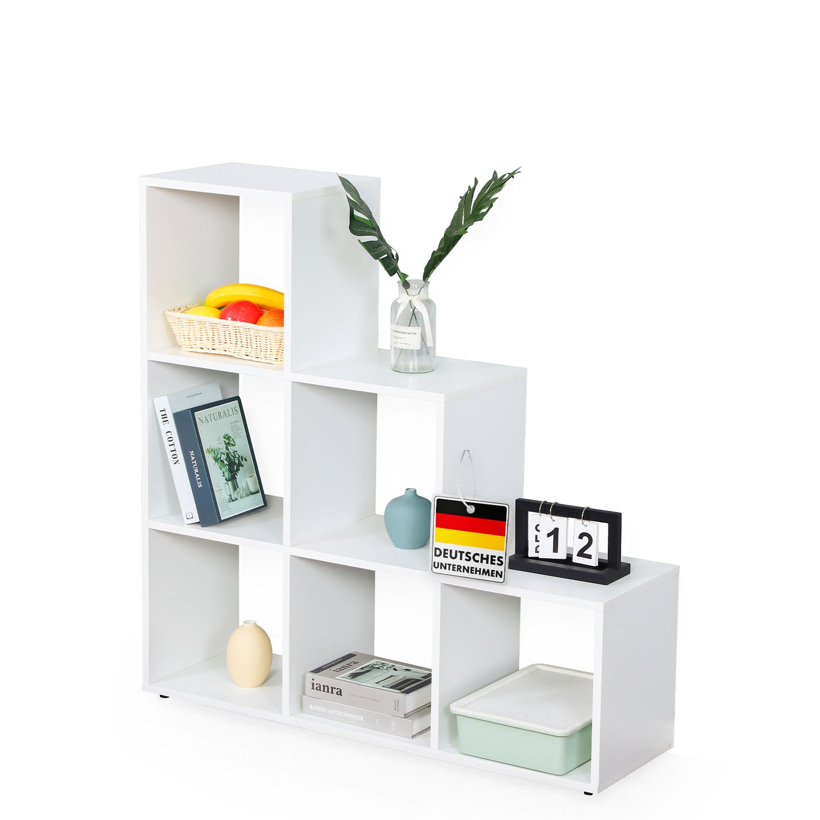 Boekenkast | Carolina | Wit trapsgewijs schap van MDF met 6 schappen voor boeken, planten & decoraties