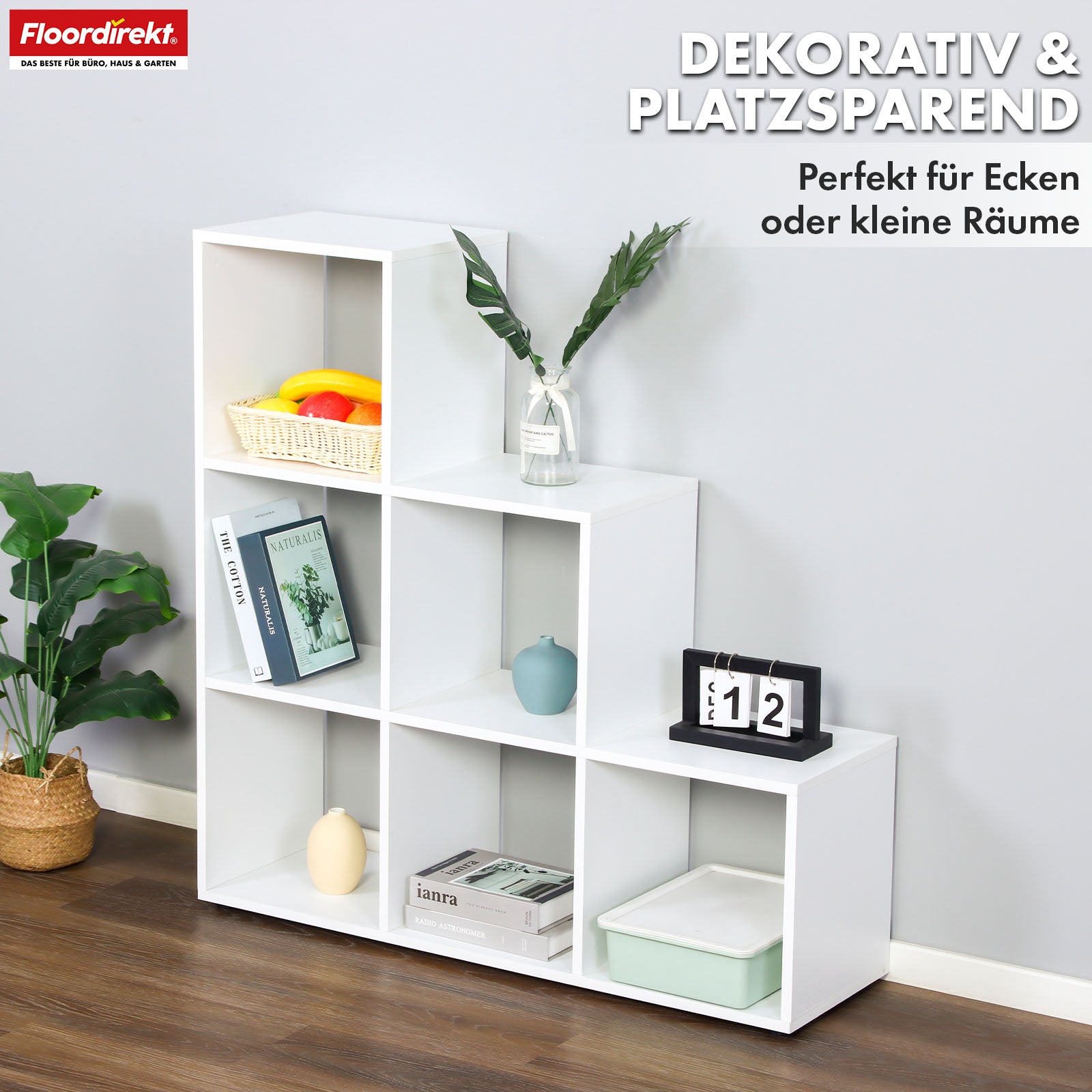 Boekenkast | Carolina | Wit trapsgewijs schap van MDF met 6 schappen voor boeken, planten & decoraties