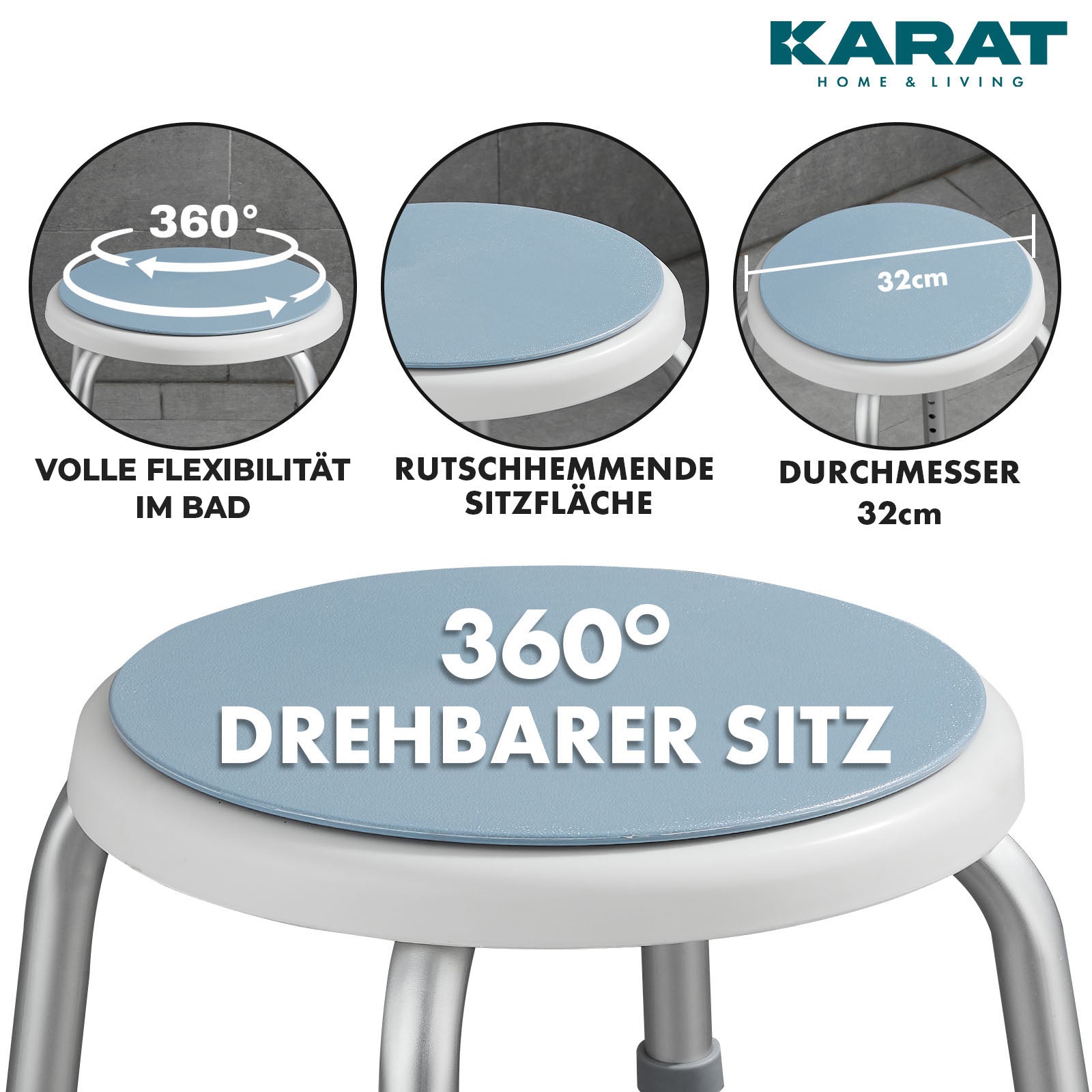Douchestoel | Peter | 360° draaibaar, in hoogte verstelbaar, antislip, belastbaar tot 150 kg