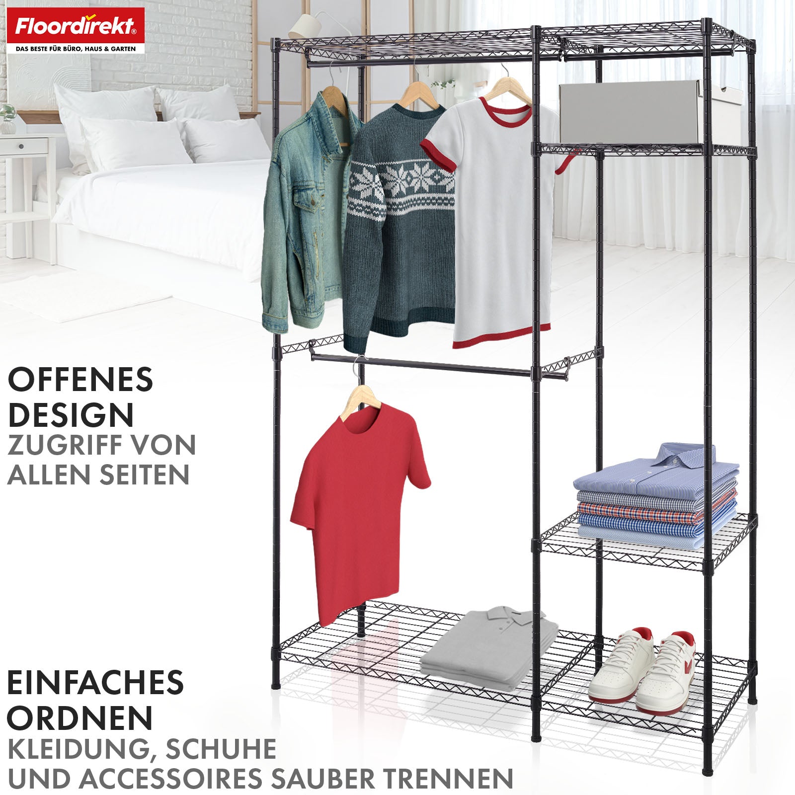 Kledingkast | Edward | Open kledingrek van gepoedercoat staal met kledingstangen en verstelbare legplanken