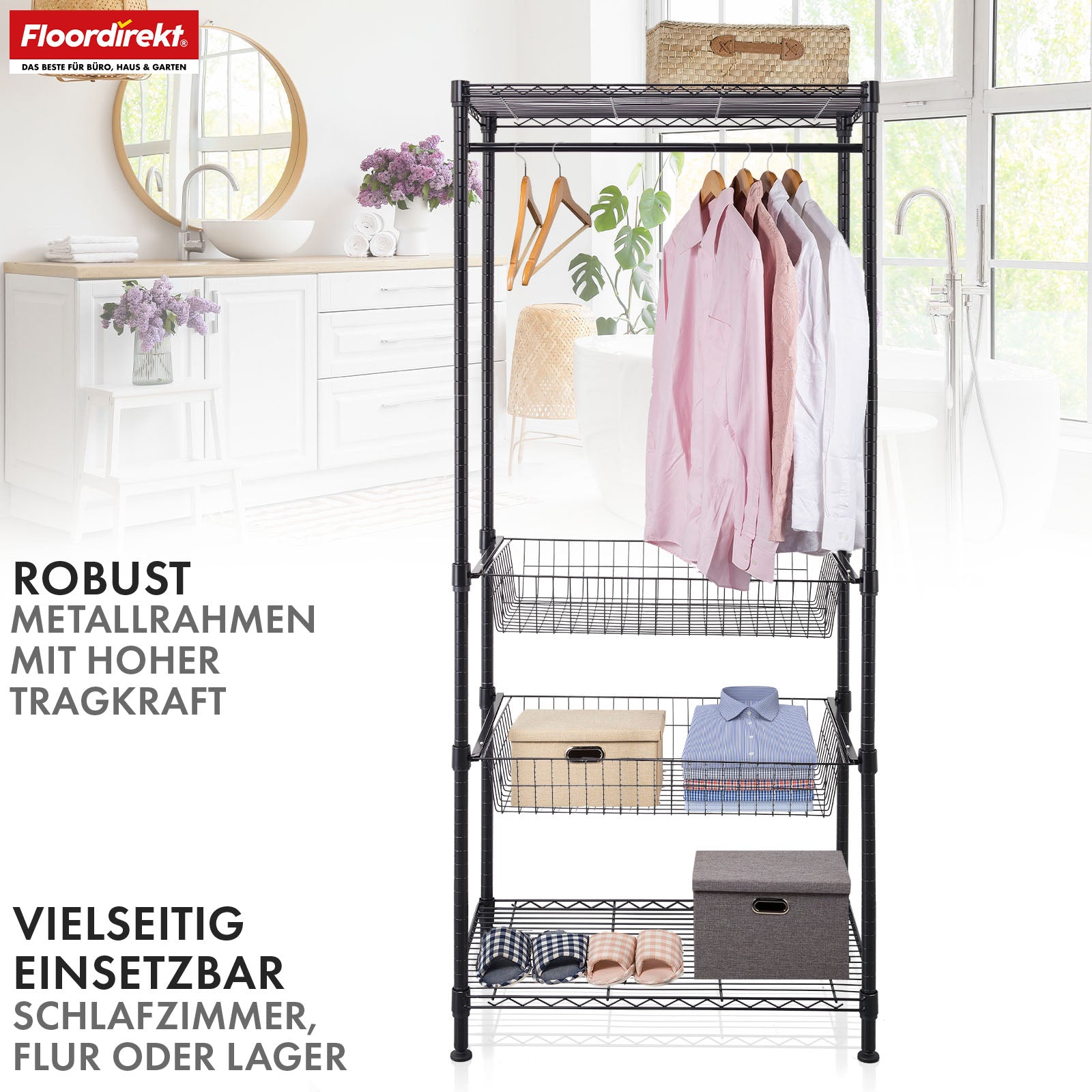 Kledingkast | Harold | Open kledingrek met kledingstang en legplanken | Robuuste garderobekast voor slaapkamer, hal en opslagruimte