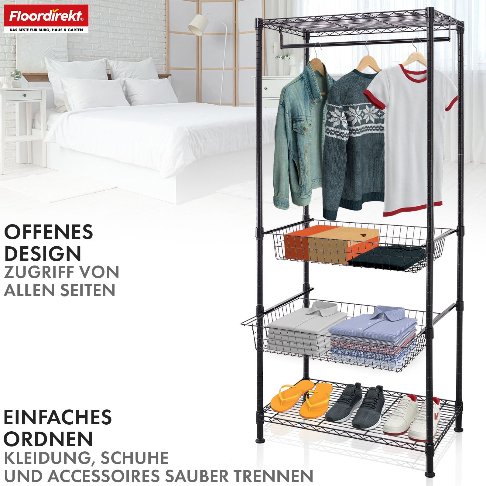 Kledingkast | Harold | Open kledingrek met kledingstang en legplanken | Robuuste garderobekast voor slaapkamer, hal en opslagruimte