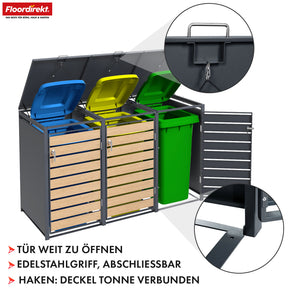 Afvalemmerbox | Johan | Antracietkleurige afvalemmerbehuizing met houten decor en robuust roestvrijstalen frame | 1-3 deuren | Afvalemmeropslag voor 60-240 liter