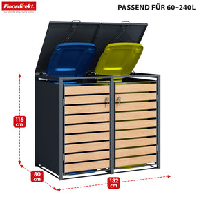 Afvalemmerbox | Johan | Antracietkleurige afvalemmerbehuizing met houten decor en robuust roestvrijstalen frame | 1-3 deuren | Afvalemmeropslag voor 60-240 liter