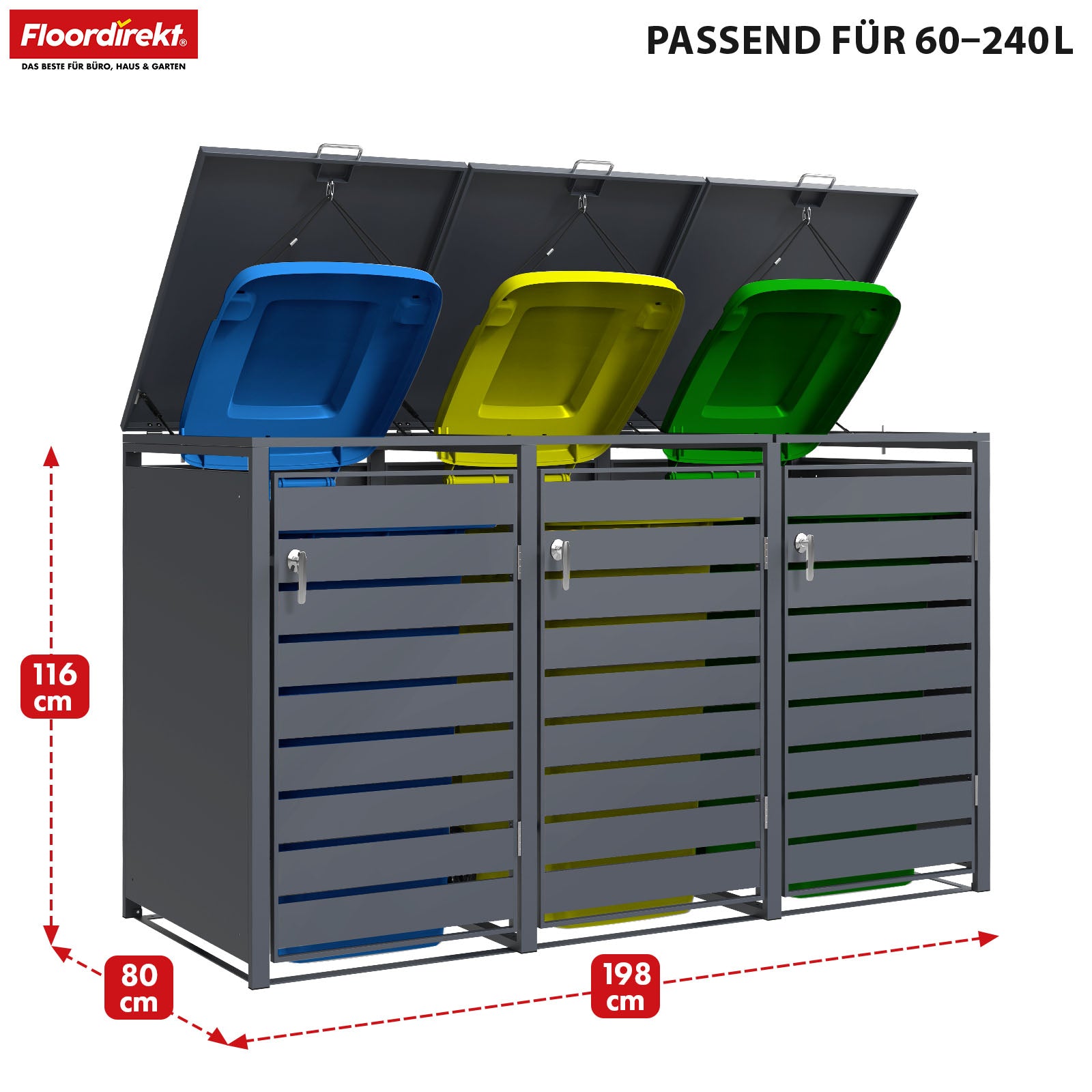 Afvalemmerbox | Magnus | Weerbestendige antracietkleurige afvalemmerbekleding met roestvrijstalen frame | 1-3 deuren | Geschikt voor 60-240 L afvalemmers