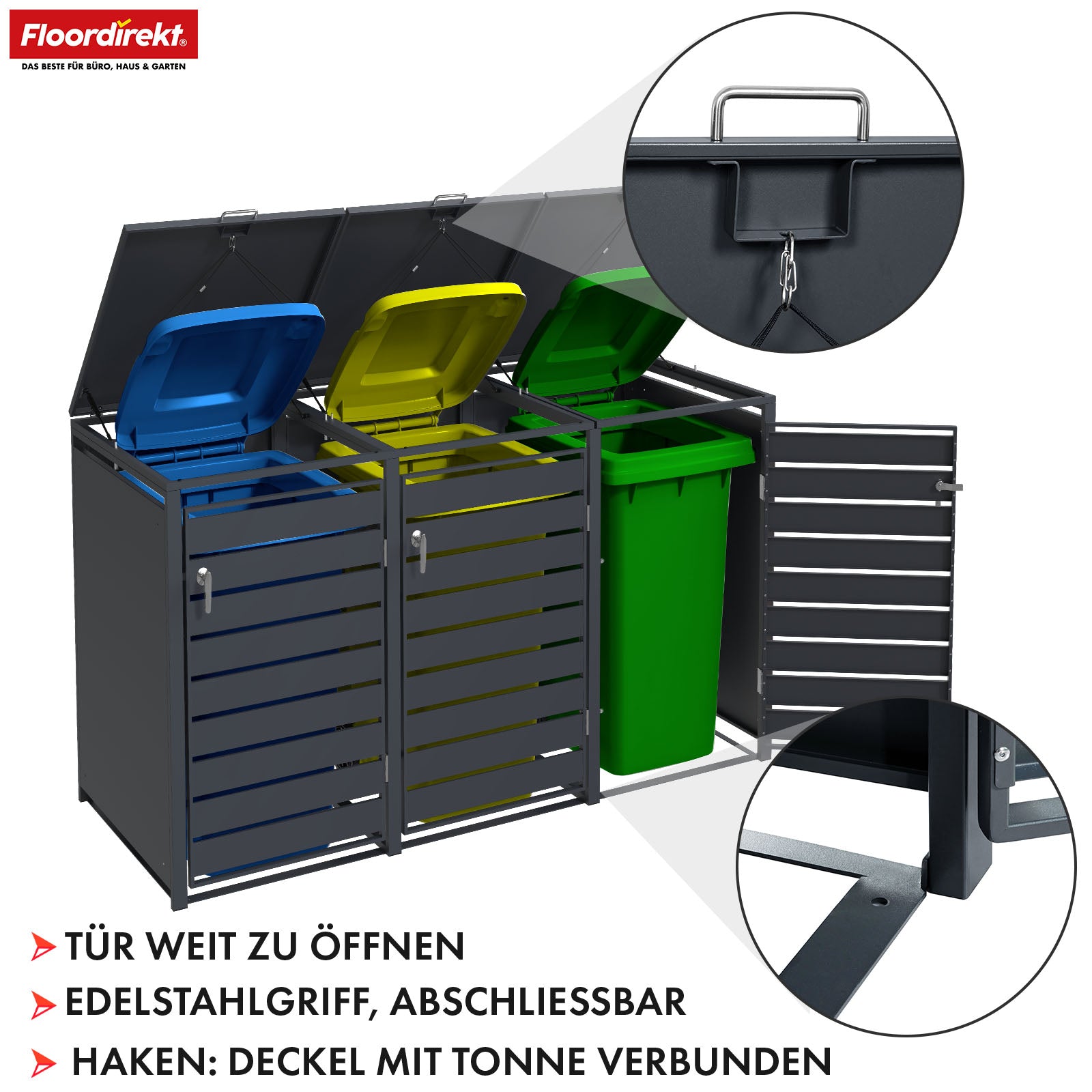 Afvalemmerbox | Magnus | Weerbestendige antracietkleurige afvalemmerbekleding met roestvrijstalen frame | 1-3 deuren | Geschikt voor 60-240 L afvalemmers